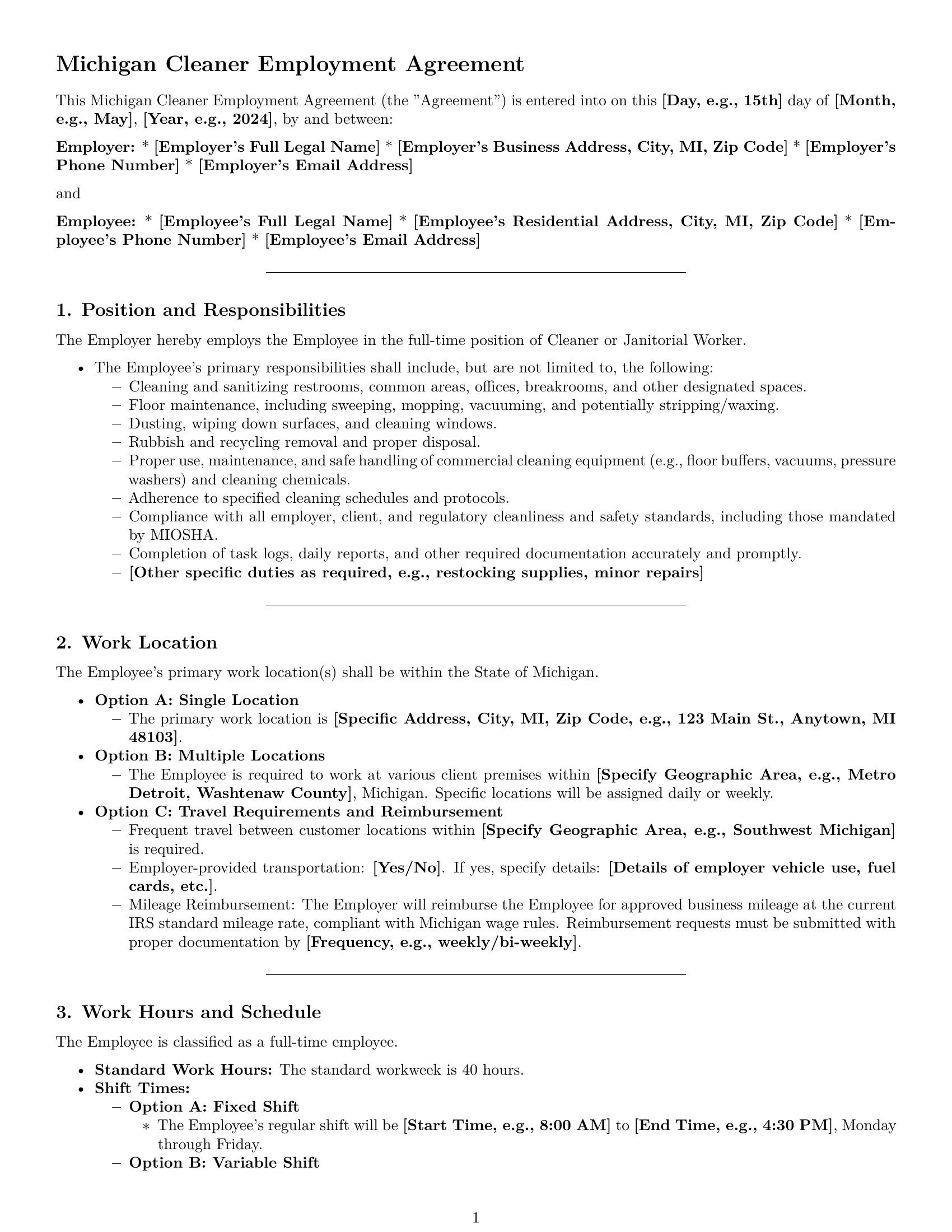 Preview page 1 of Pro Michigan cleaner employment contract template