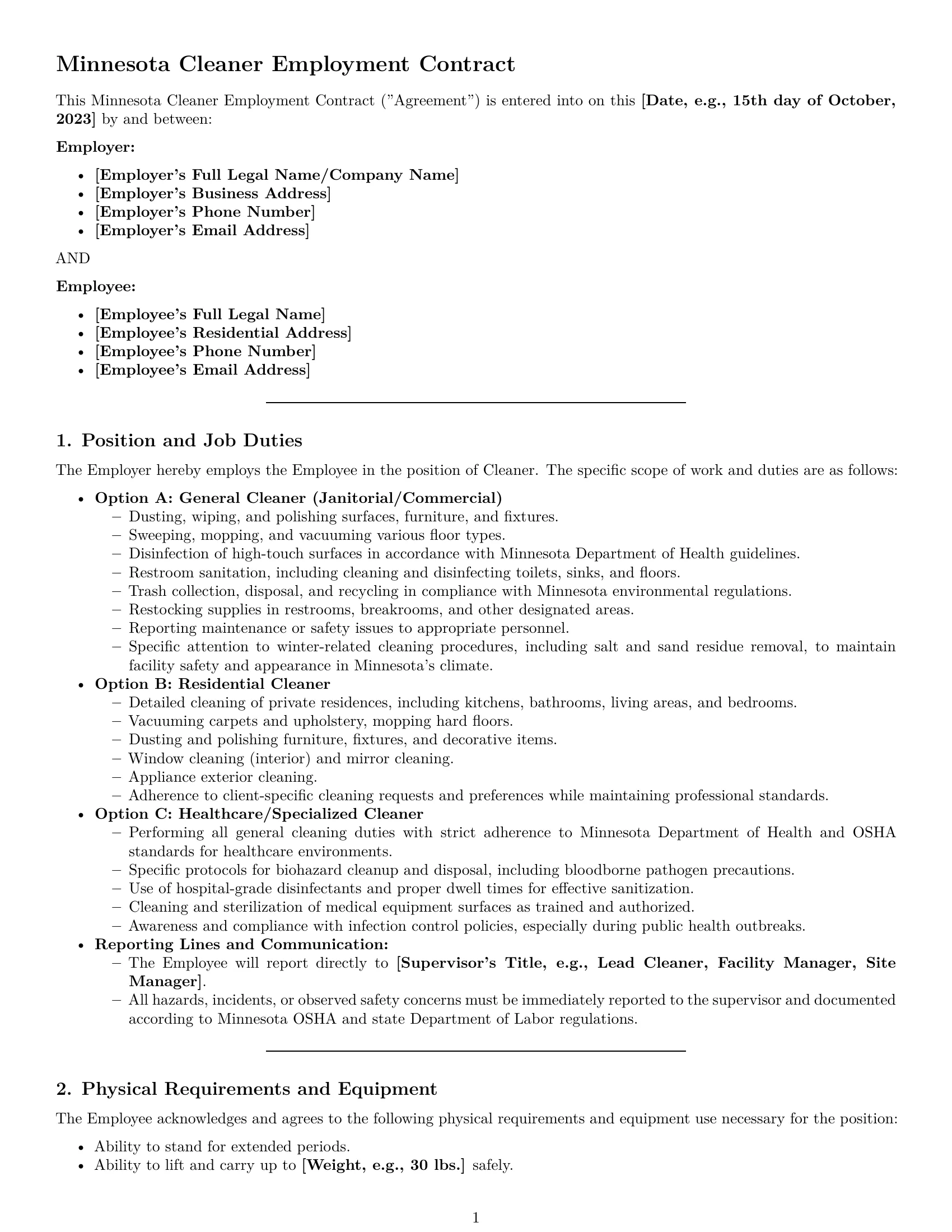 Preview page 1 of Pro Minnesota cleaner employment contract template