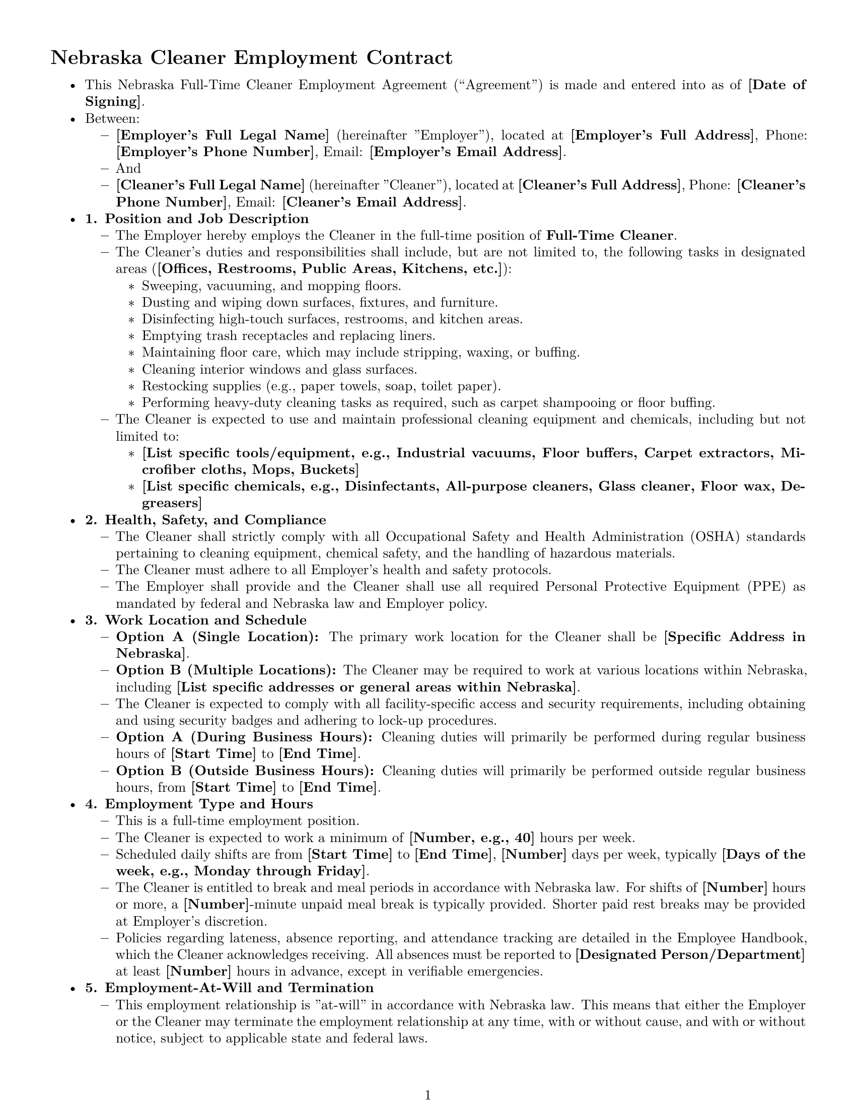 Preview page 1 of Pro Nebraska cleaner employment contract template