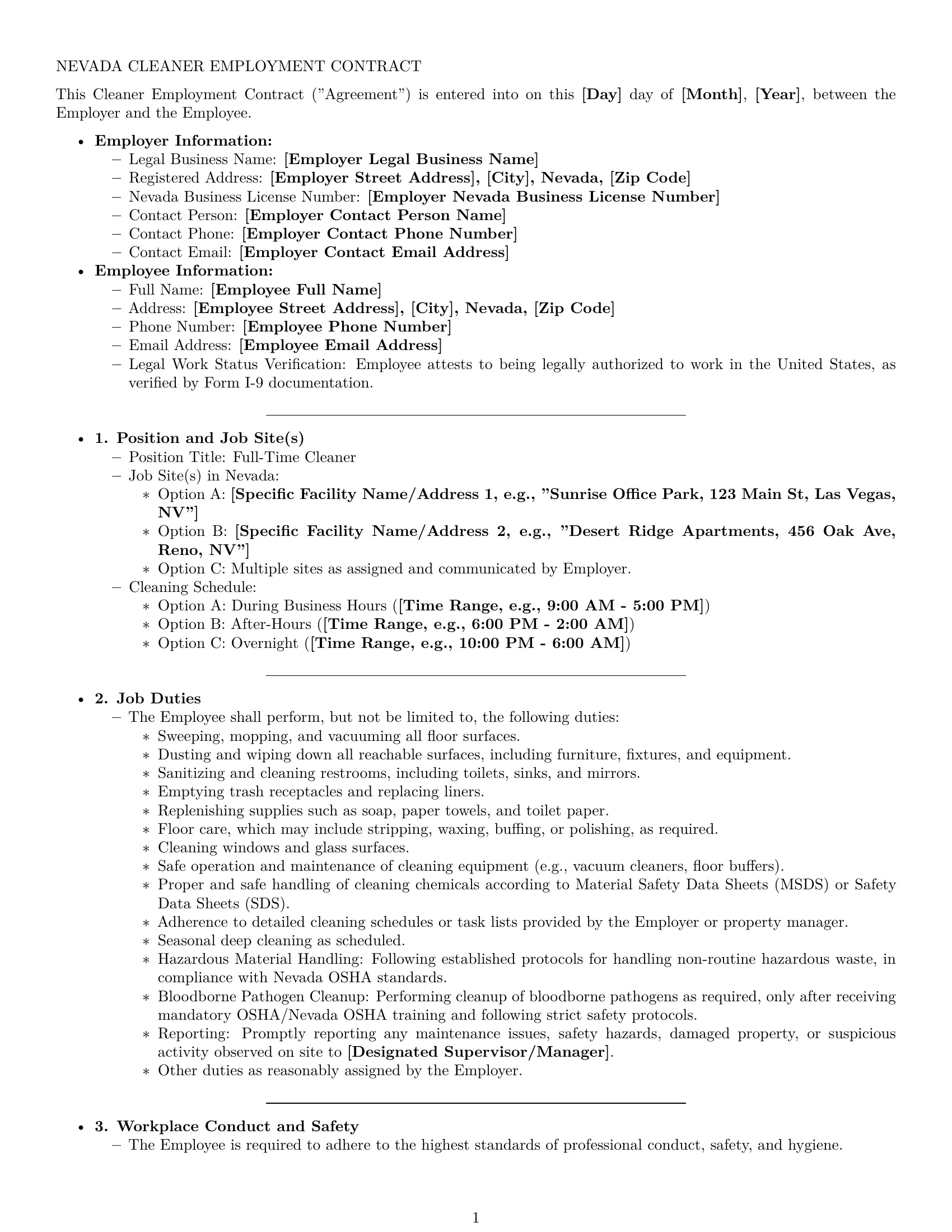 Preview page 1 of Pro Nevada cleaner employment contract template