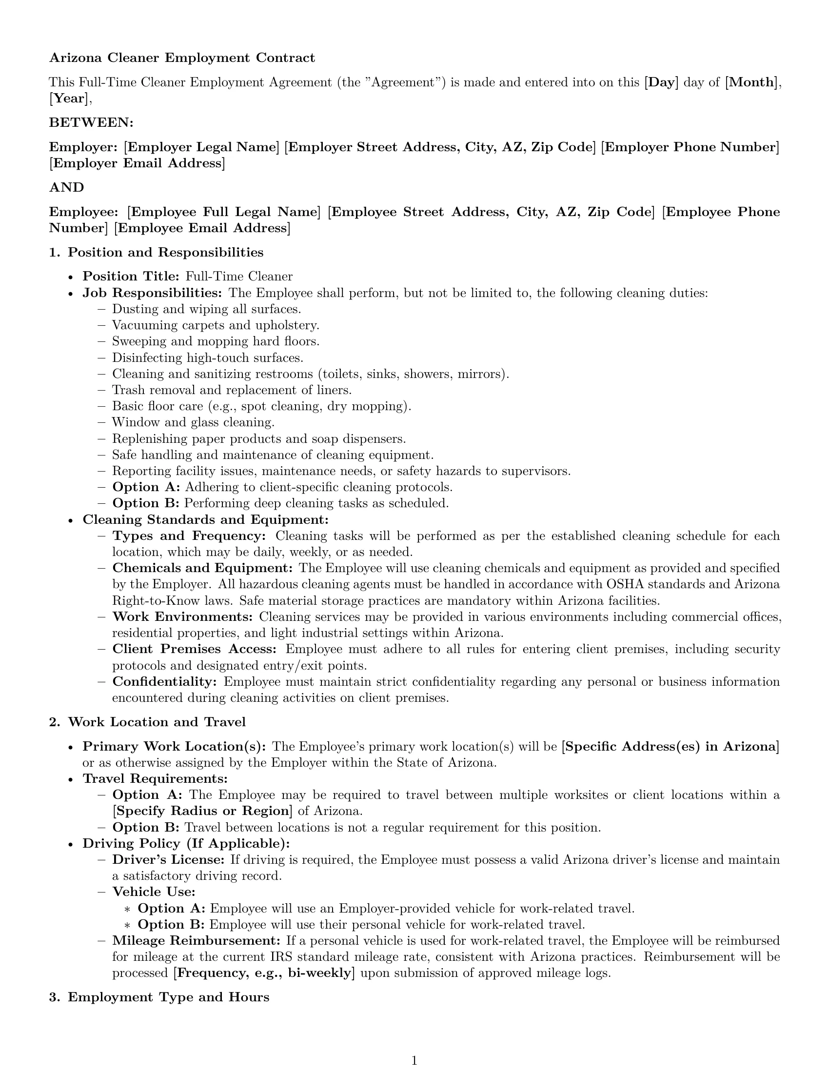 Preview page 1 of Pro Arizona cleaner employment contract template
