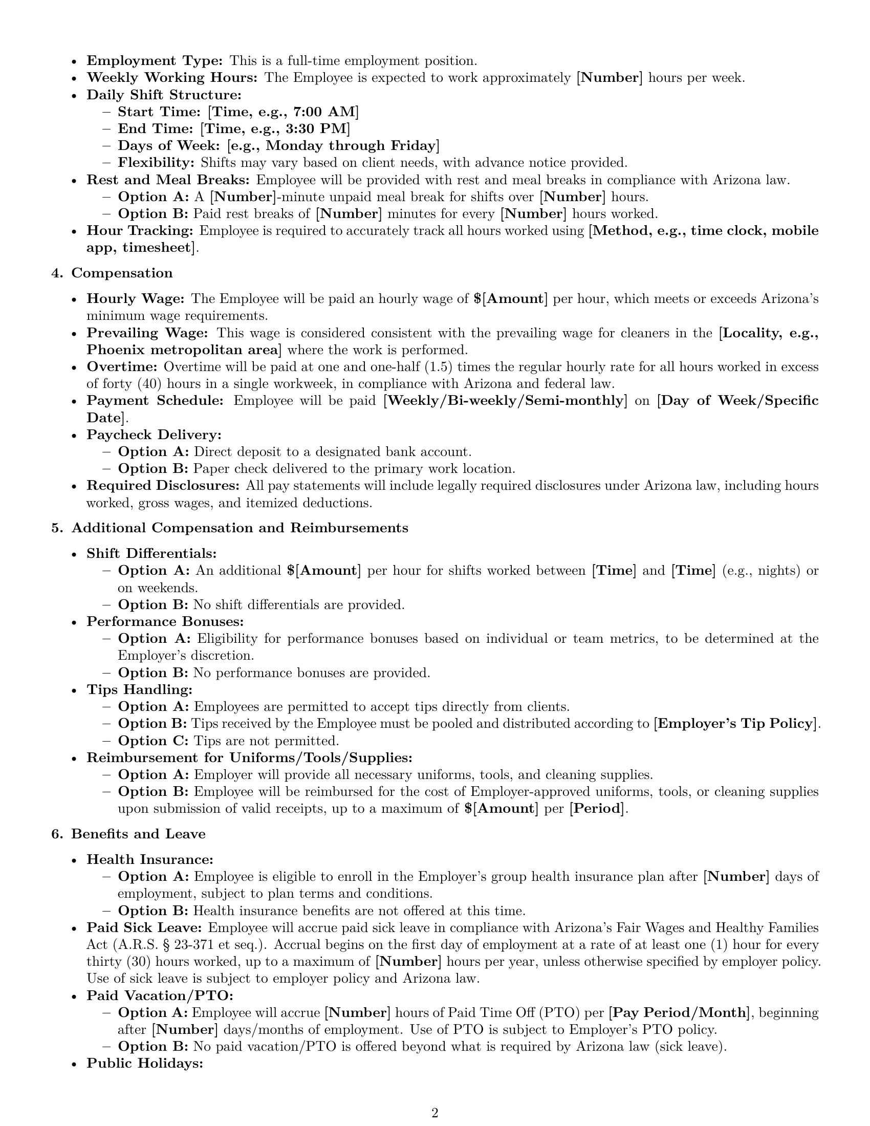 Preview page 2 of Pro Arizona cleaner employment contract template