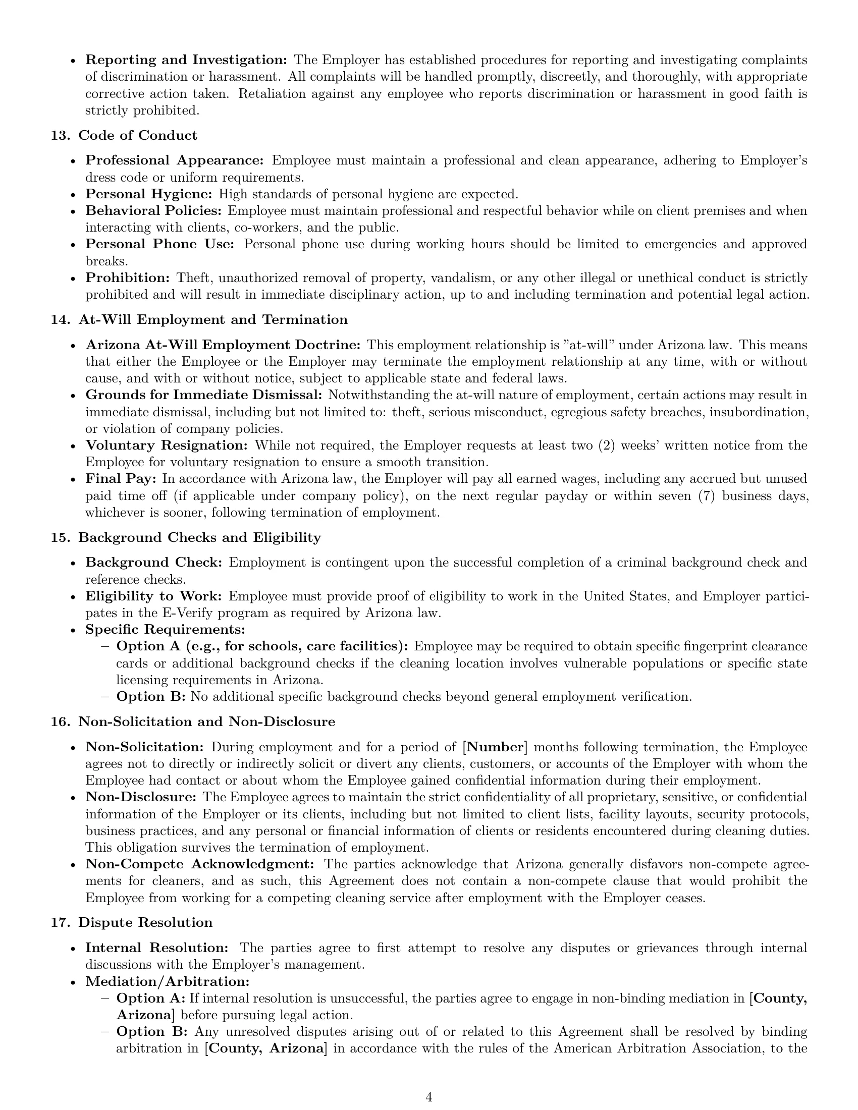 Preview page 4 of Pro Arizona cleaner employment contract template