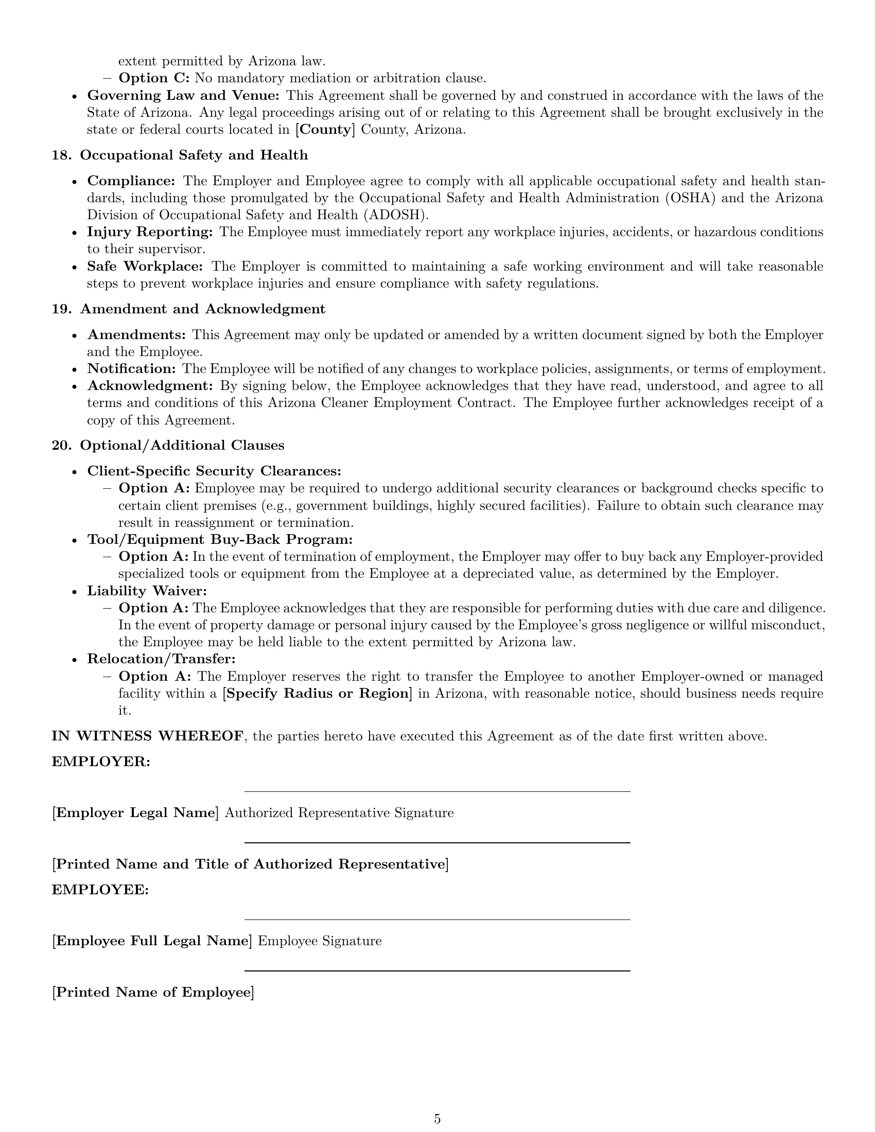Preview page 5 of Pro Arizona cleaner employment contract template