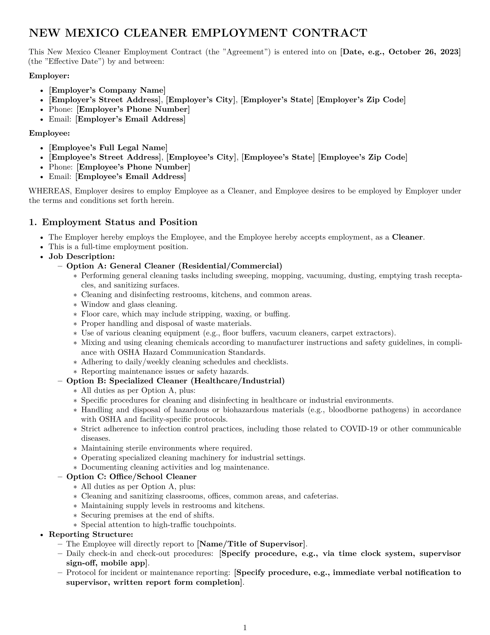 Preview page 1 of Pro New Mexico cleaner employment contract template