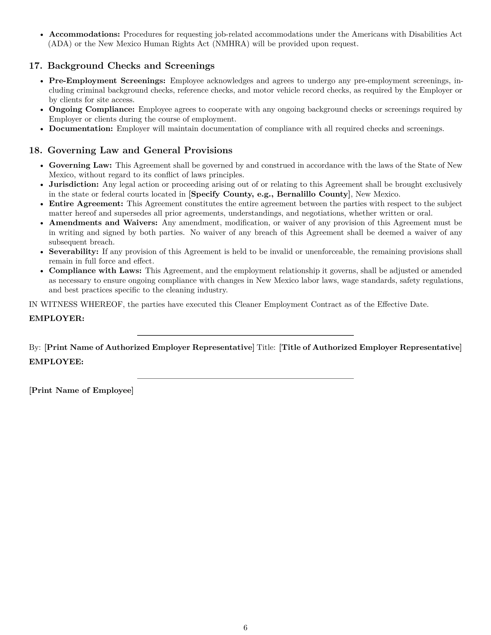 Preview page 6 of Pro New Mexico cleaner employment contract template