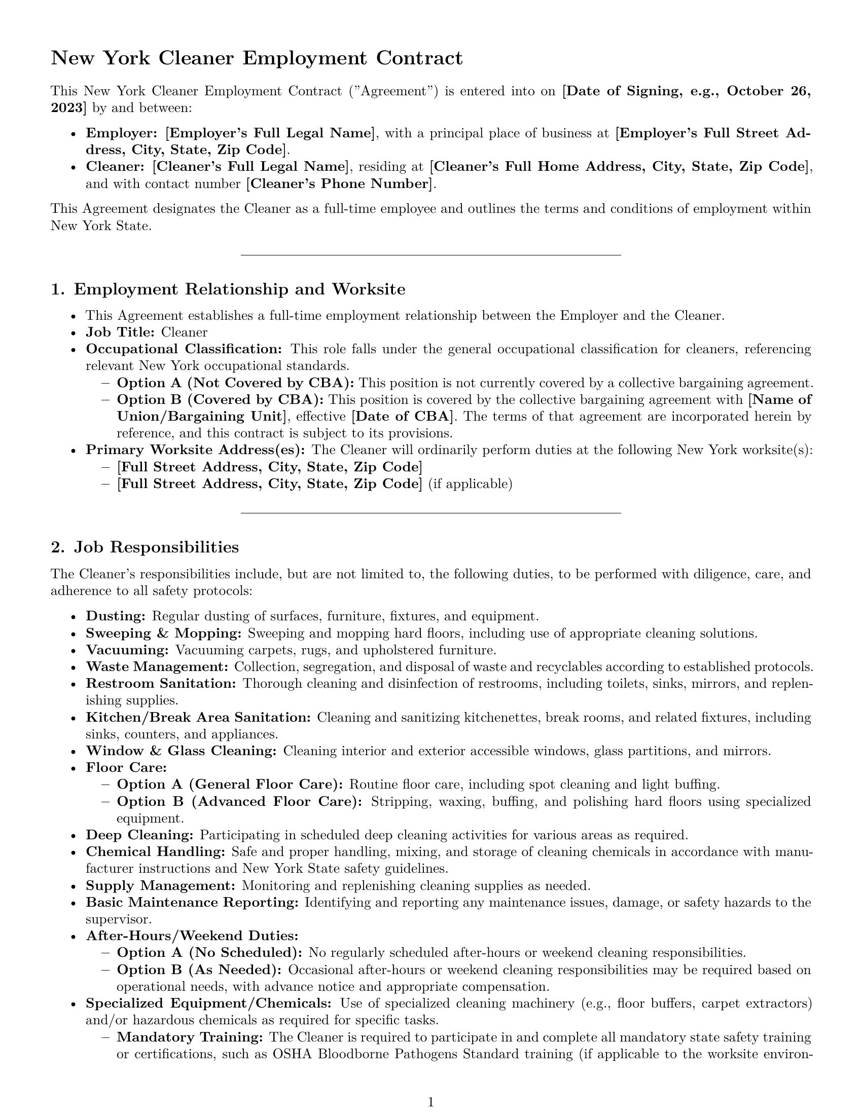 Preview page 1 of Pro New York cleaner employment contract template