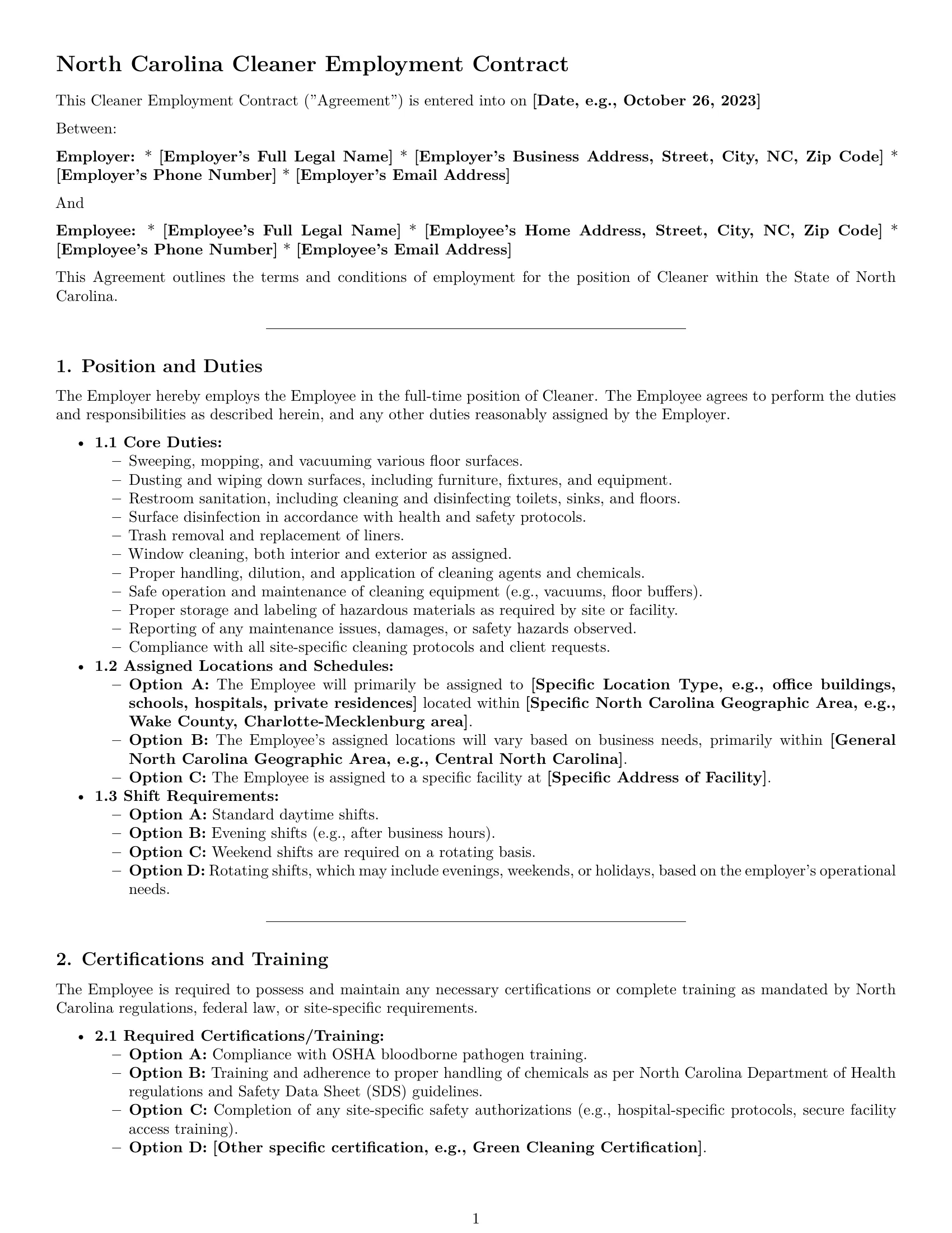 Preview page 1 of Pro North Carolina cleaner employment contract template