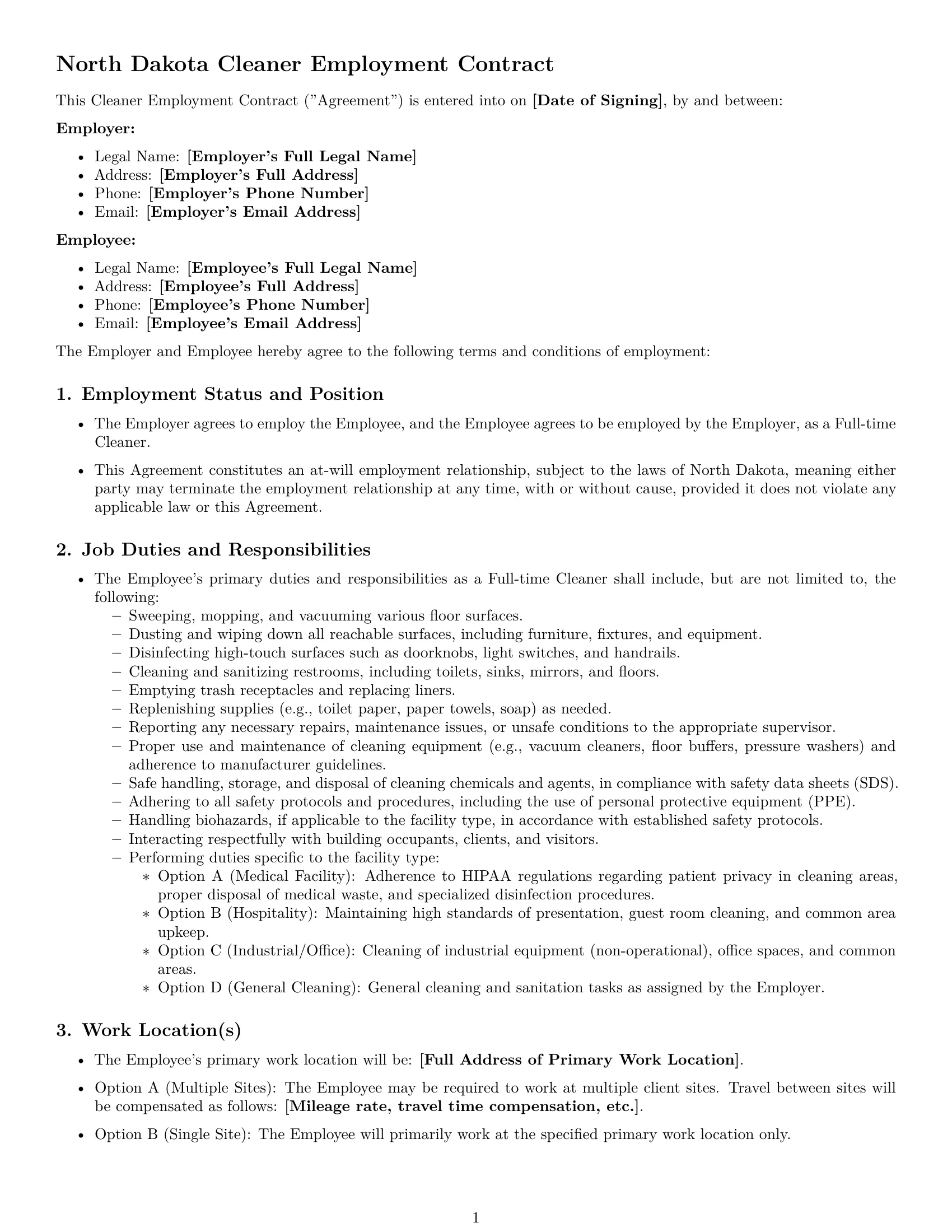 Preview page 1 of Pro North Dakota cleaner employment contract template