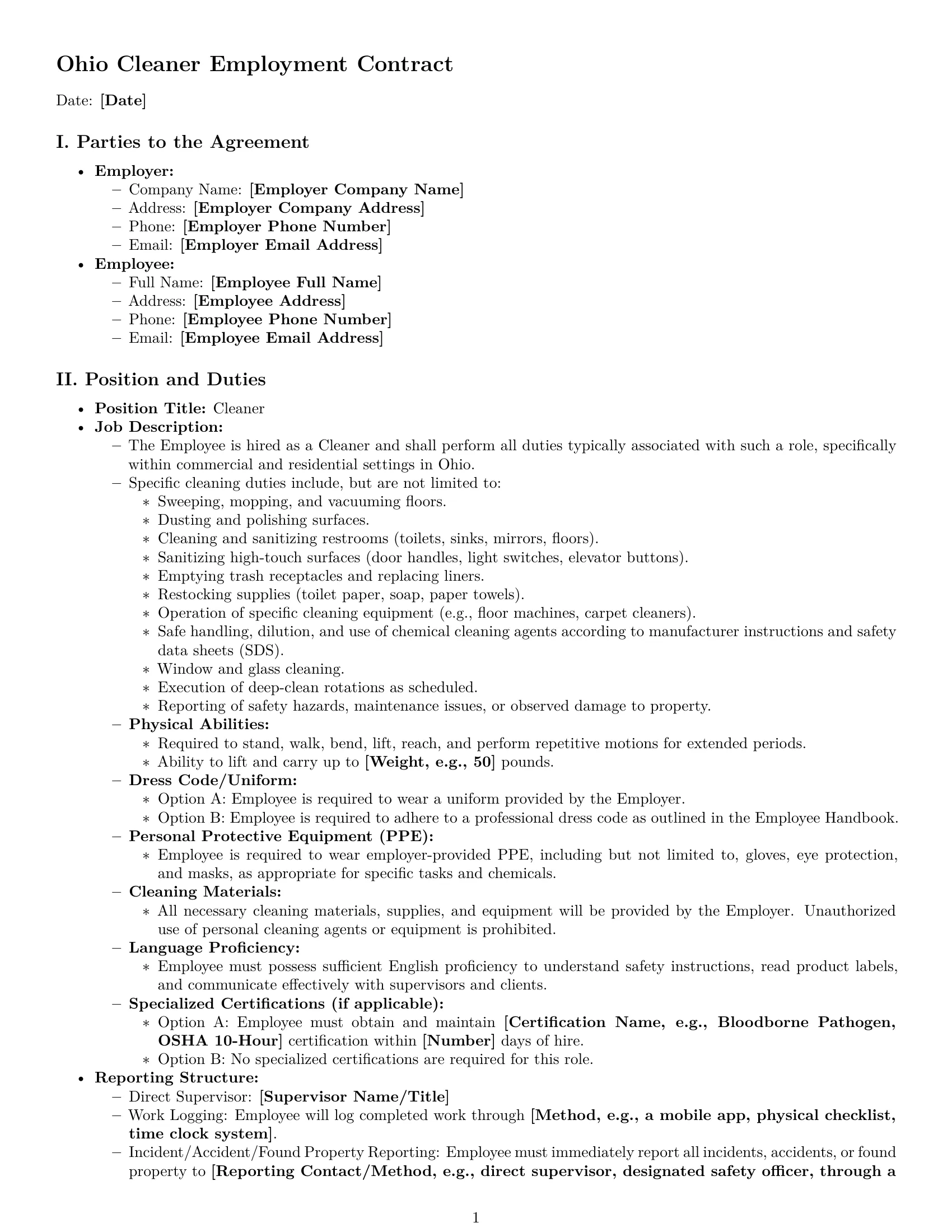Preview page 1 of Pro Ohio cleaner employment contract template