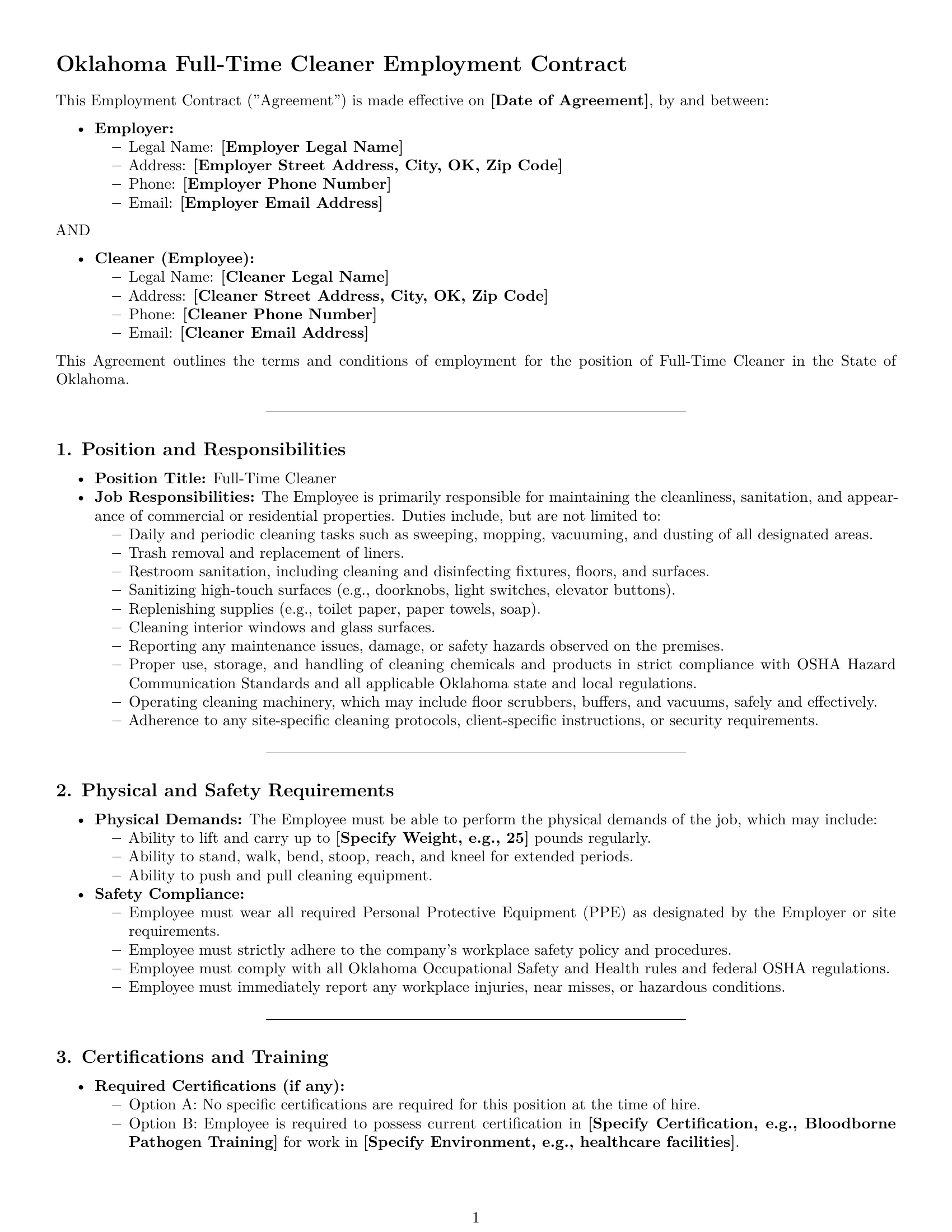 Preview page 1 of Pro Oklahoma cleaner employment contract template