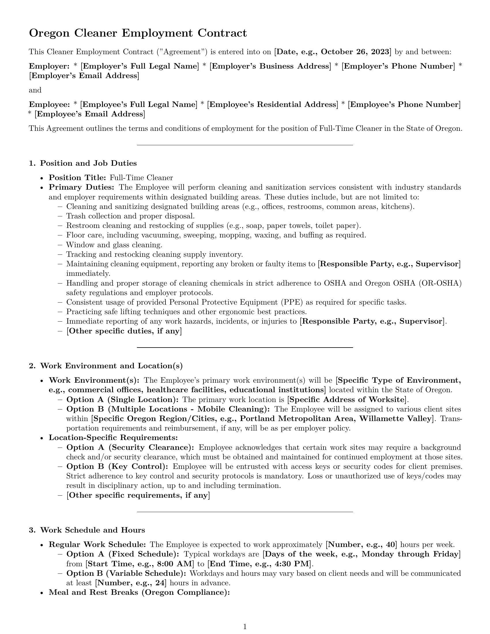 Preview page 1 of Pro Oregon cleaner employment contract template