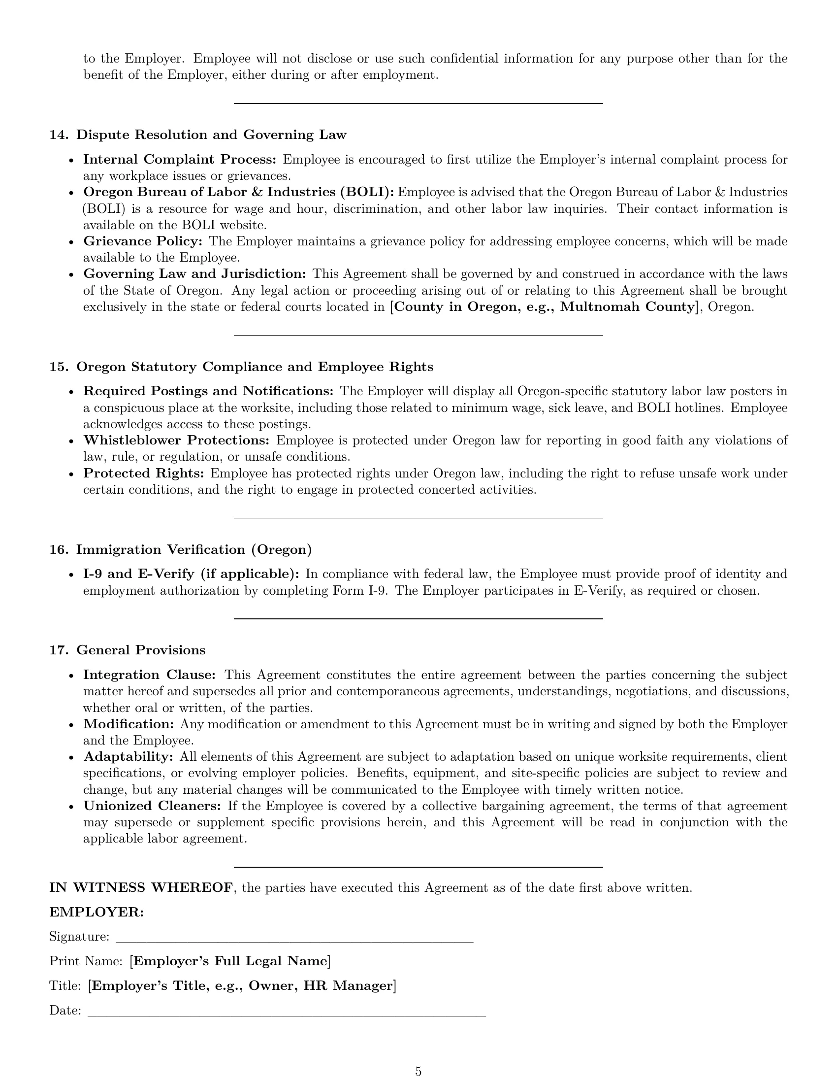 Preview page 5 of Pro Oregon cleaner employment contract template