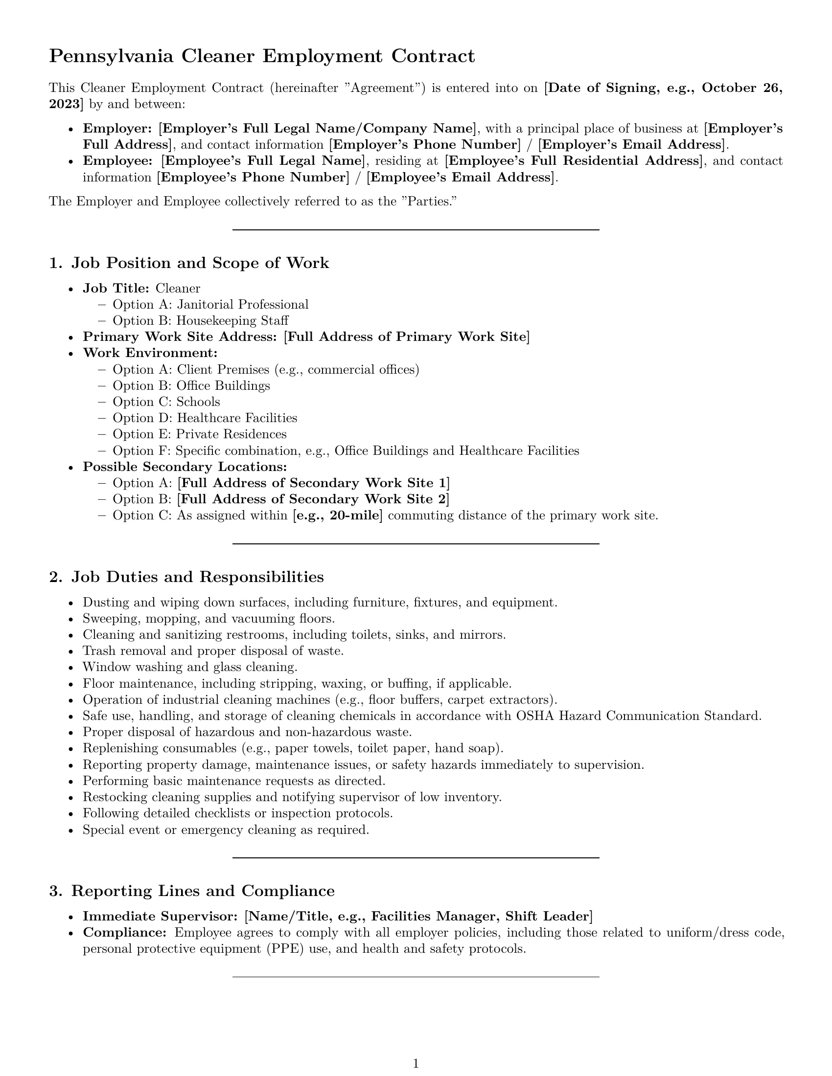 Preview page 1 of Pro Pennsylvania cleaner employment contract template