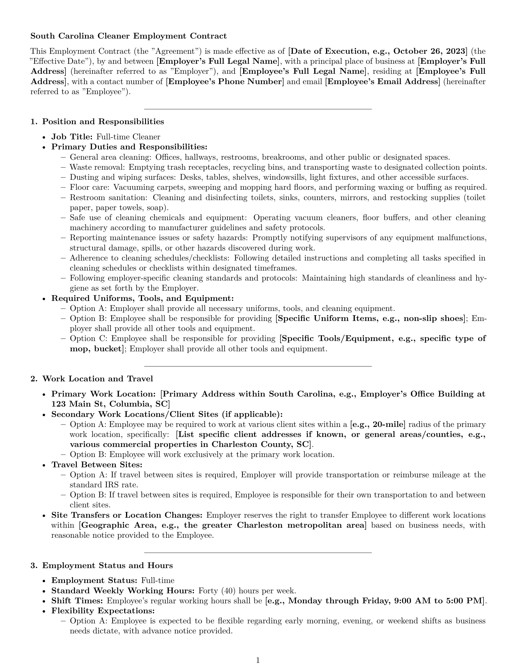 Preview page 1 of Pro South Carolina cleaner employment contract template