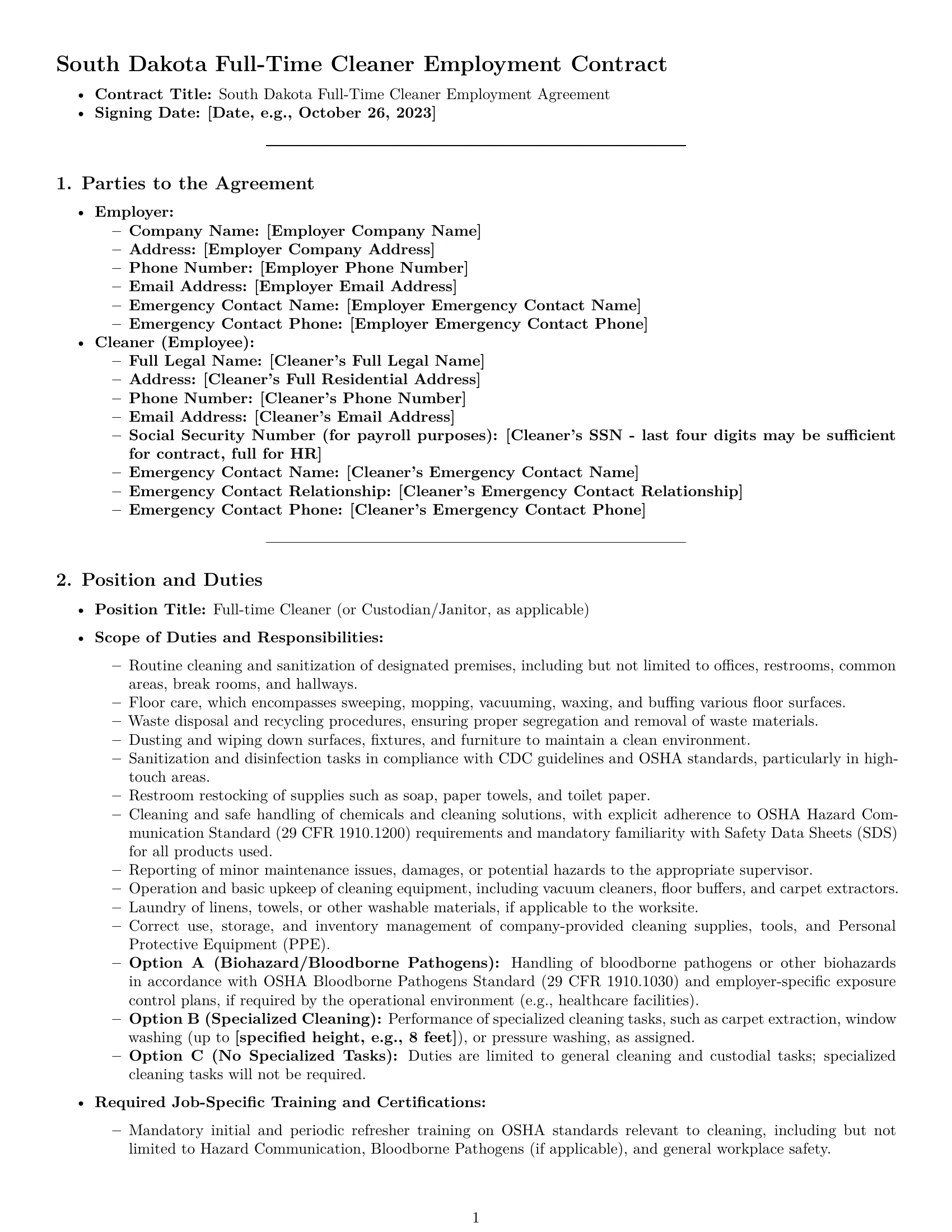 Preview page 1 of Pro South Dakota cleaner employment contract template