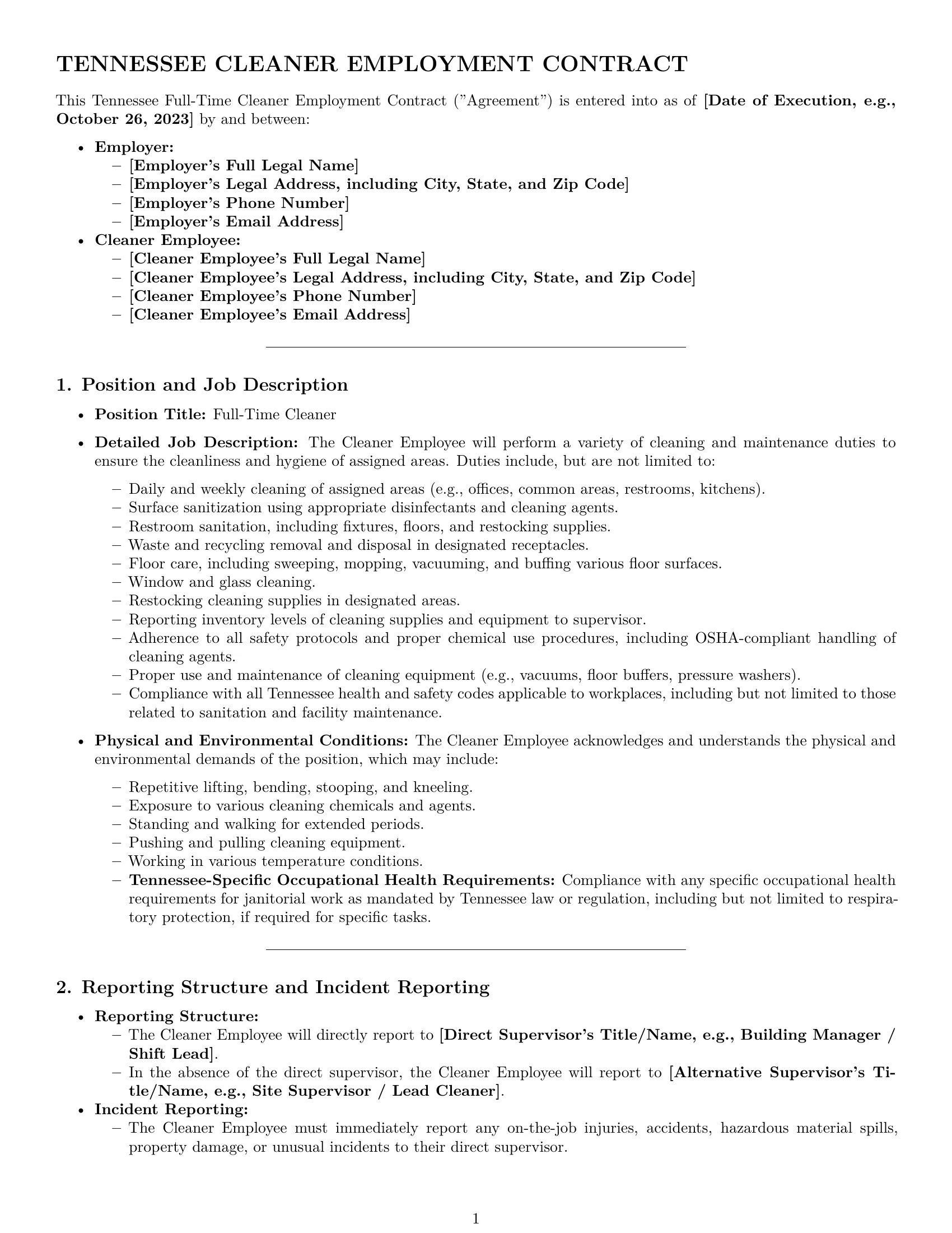 Preview page 1 of Pro Tennessee cleaner employment contract template