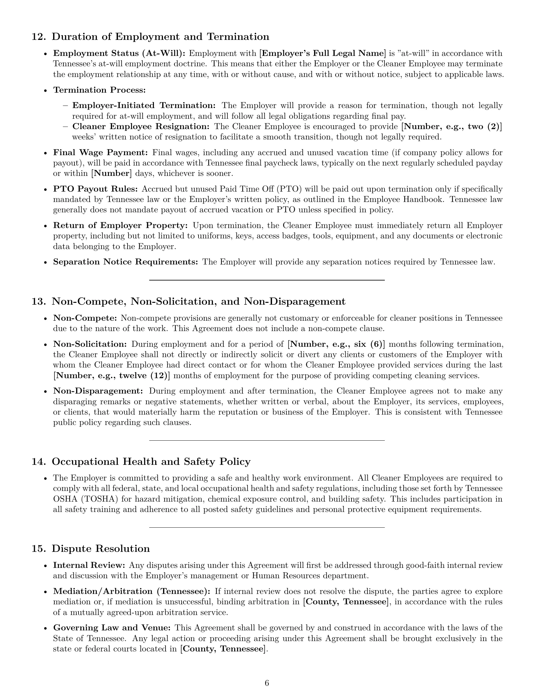 Preview page 6 of Pro Tennessee cleaner employment contract template