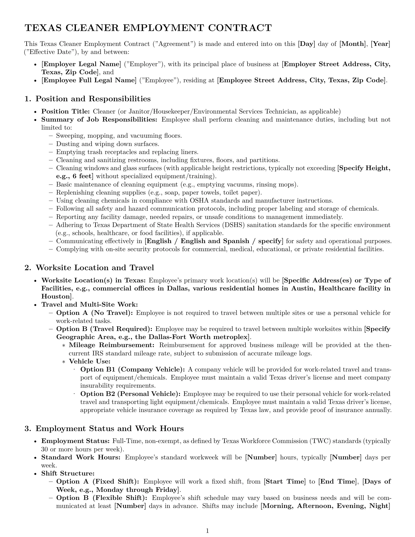 Preview page 1 of Pro Texas cleaner employment contract template