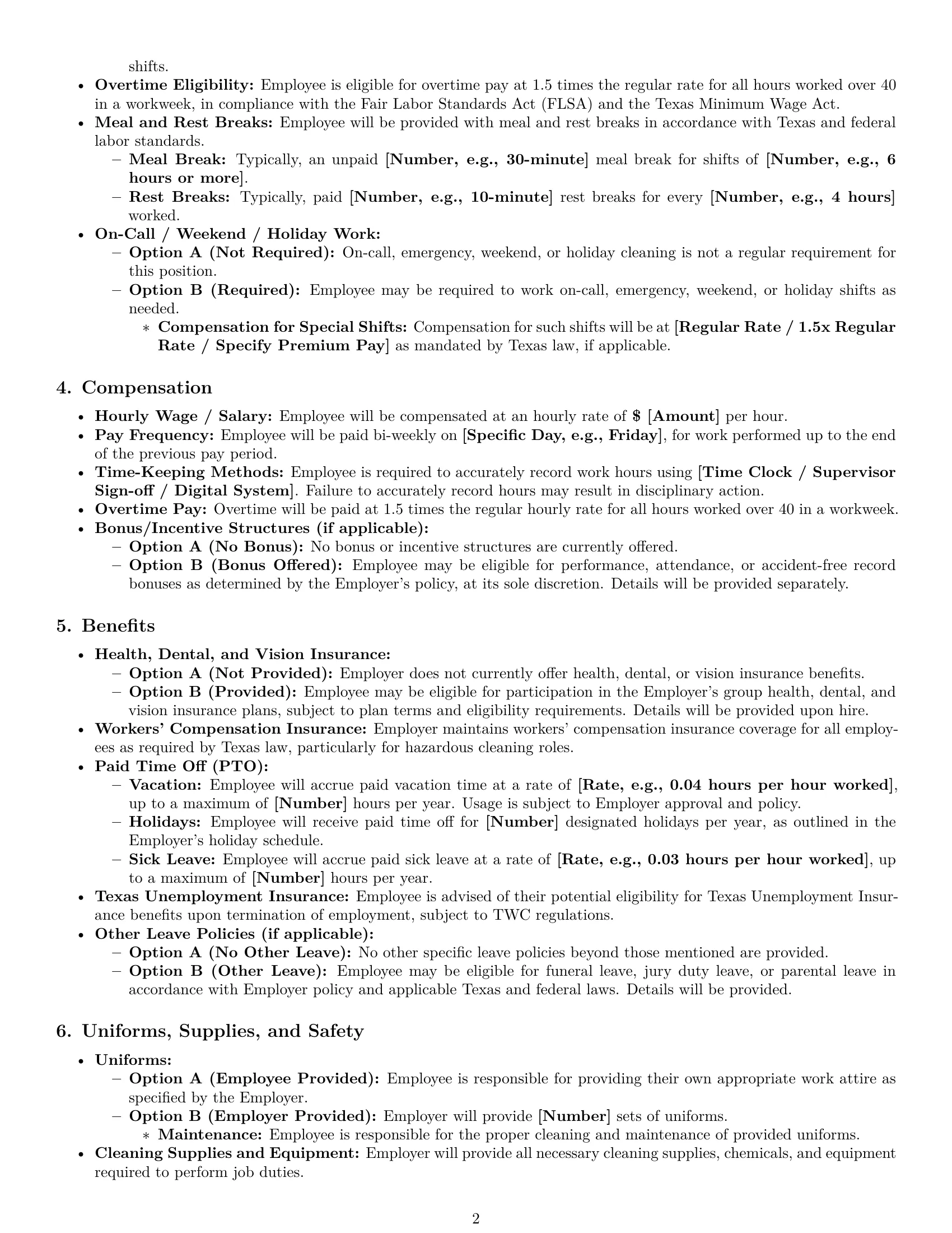 Preview page 2 of Pro Texas cleaner employment contract template