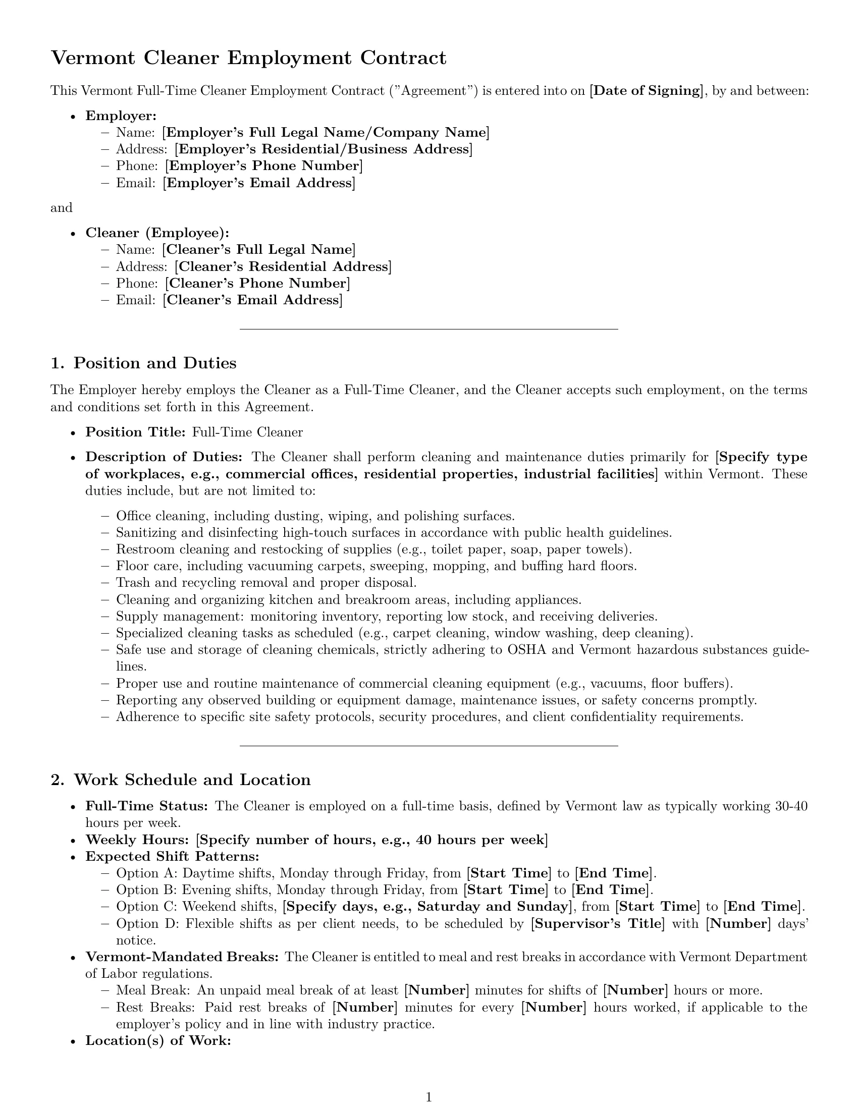 Preview page 1 of Pro Vermont cleaner employment contract template