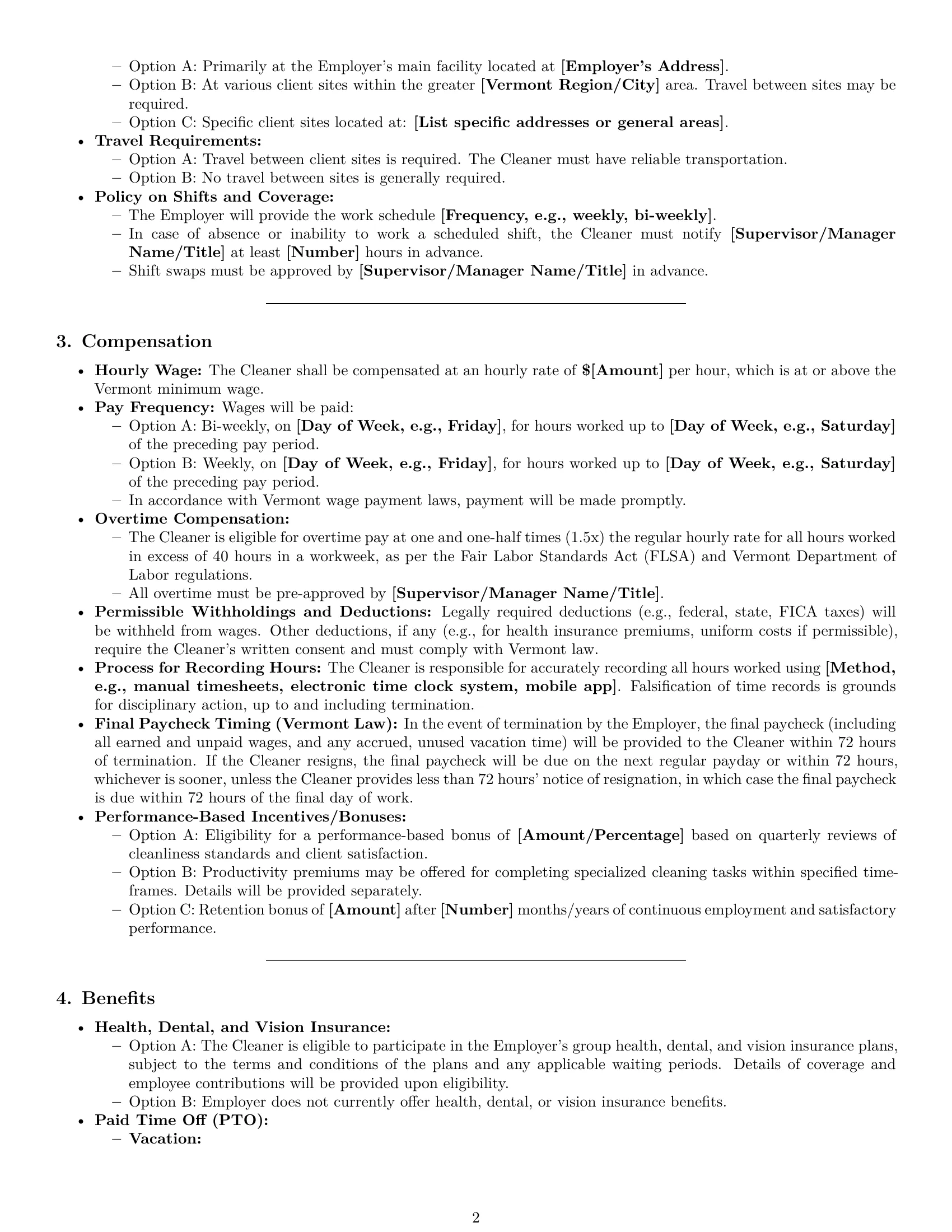 Preview page 2 of Pro Vermont cleaner employment contract template