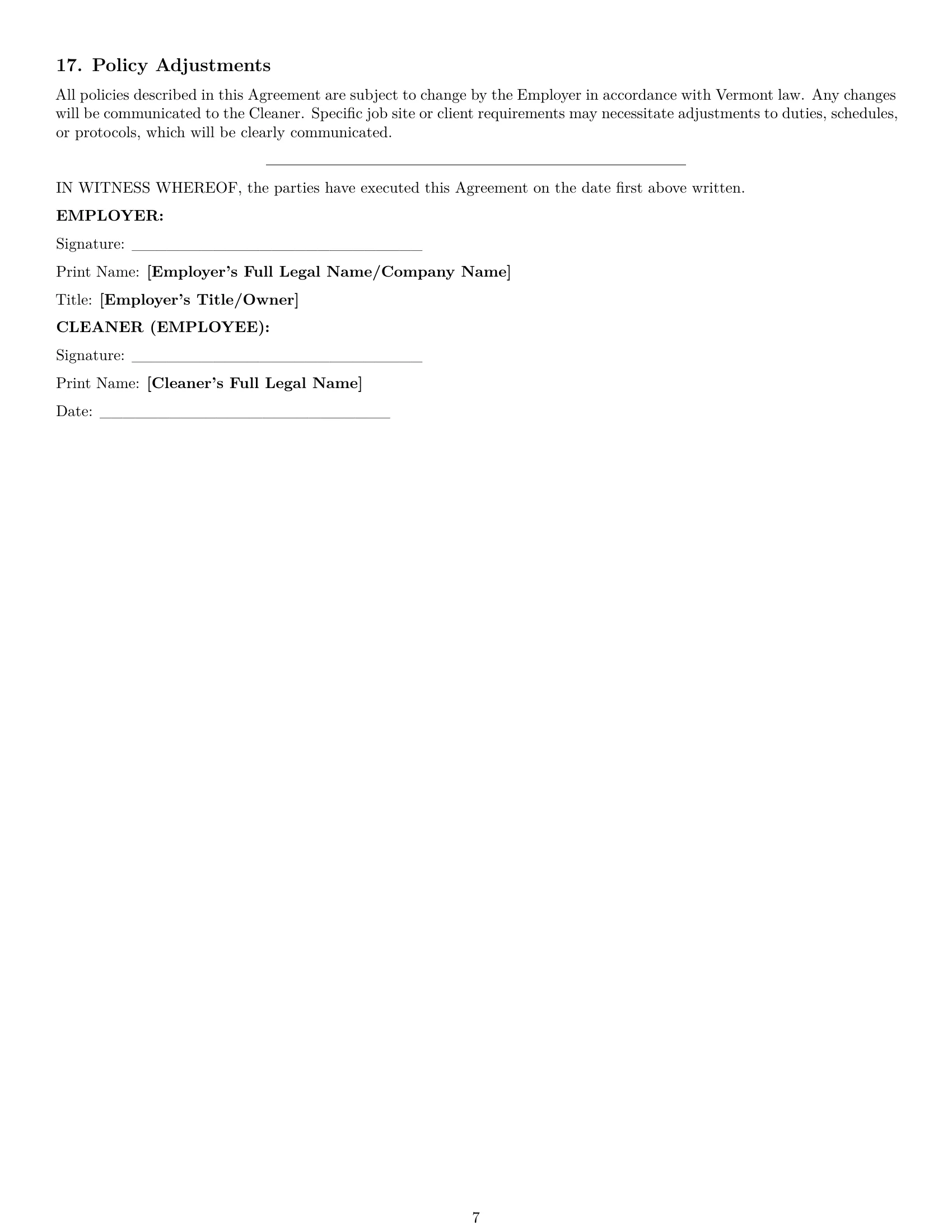 Preview page 7 of Pro Vermont cleaner employment contract template