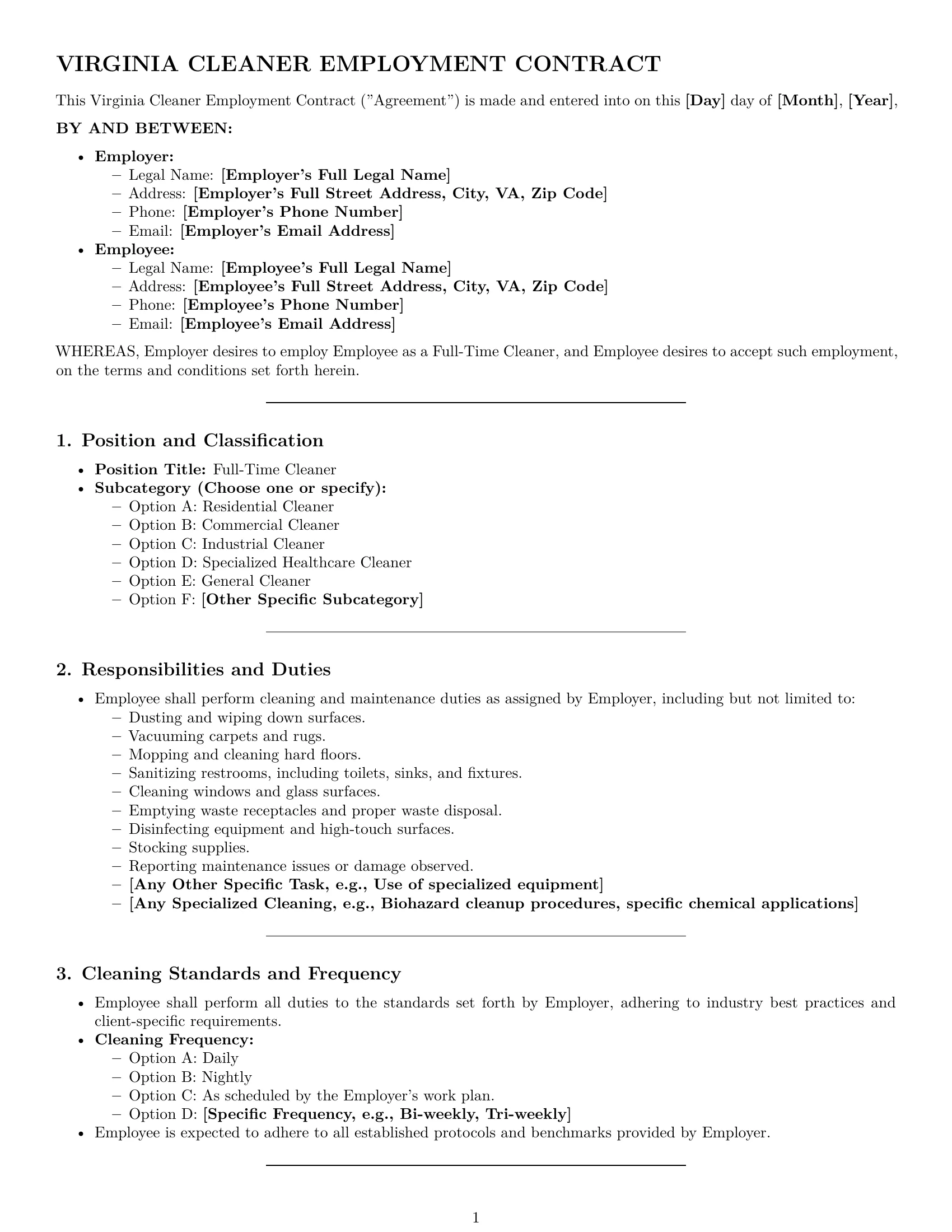 Preview page 1 of Pro Virginia cleaner employment contract template
