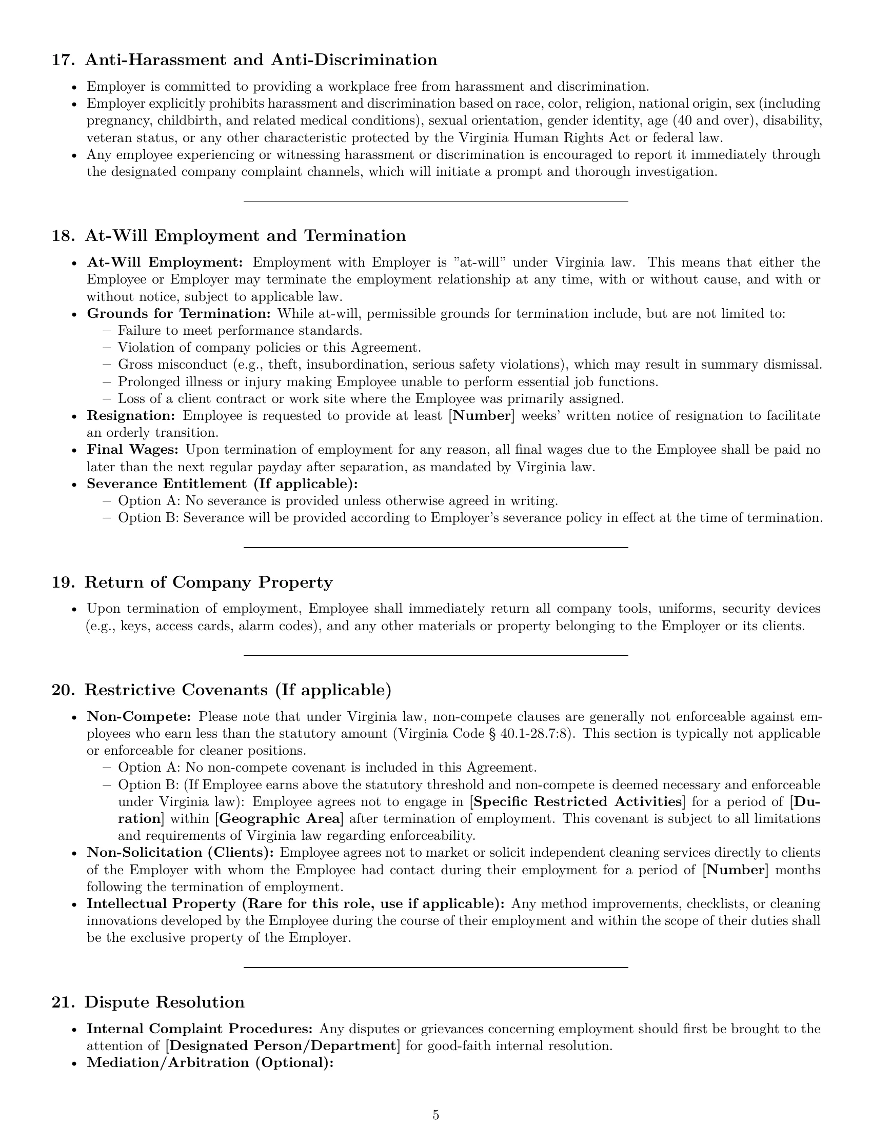 Preview page 5 of Pro Virginia cleaner employment contract template