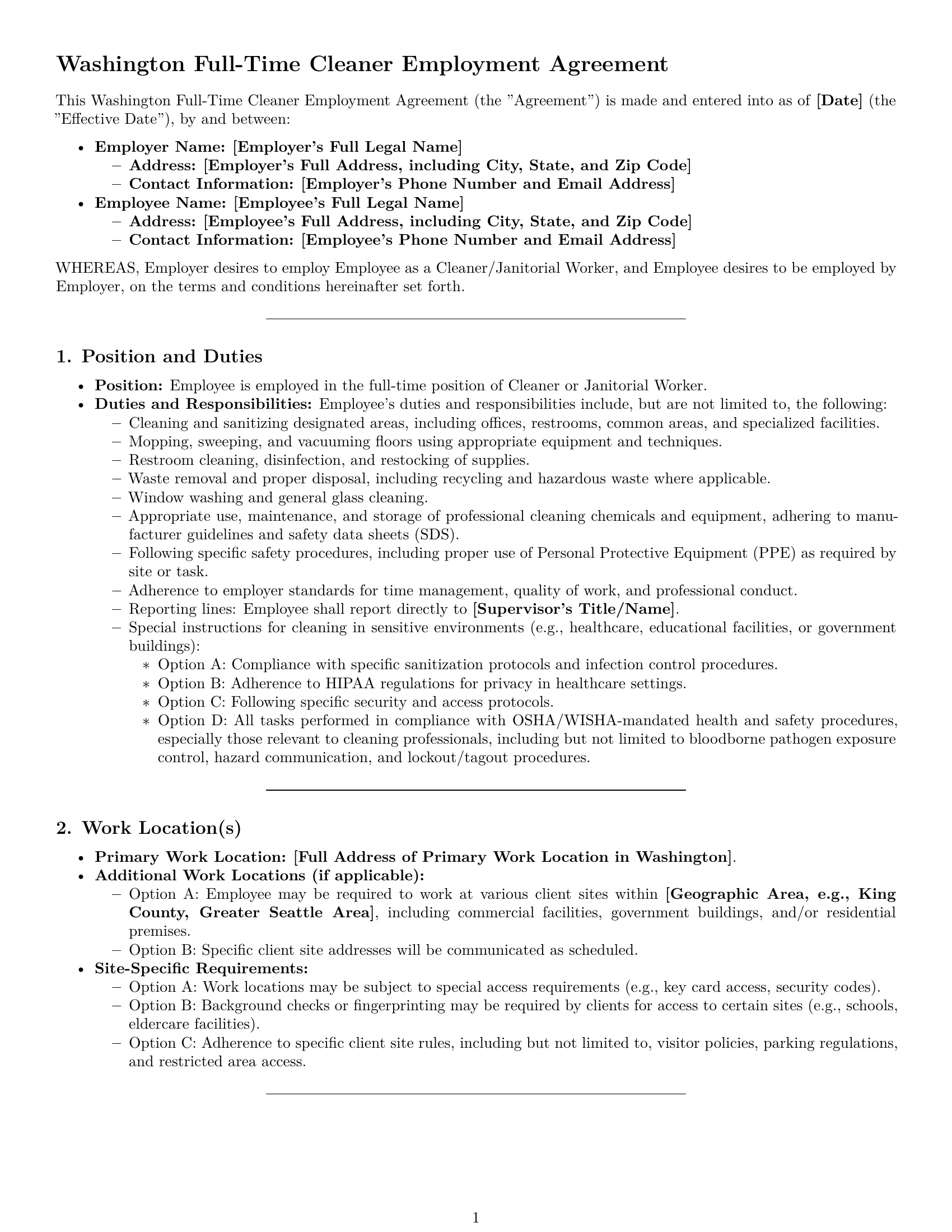 Preview page 1 of Pro Washington cleaner employment contract template