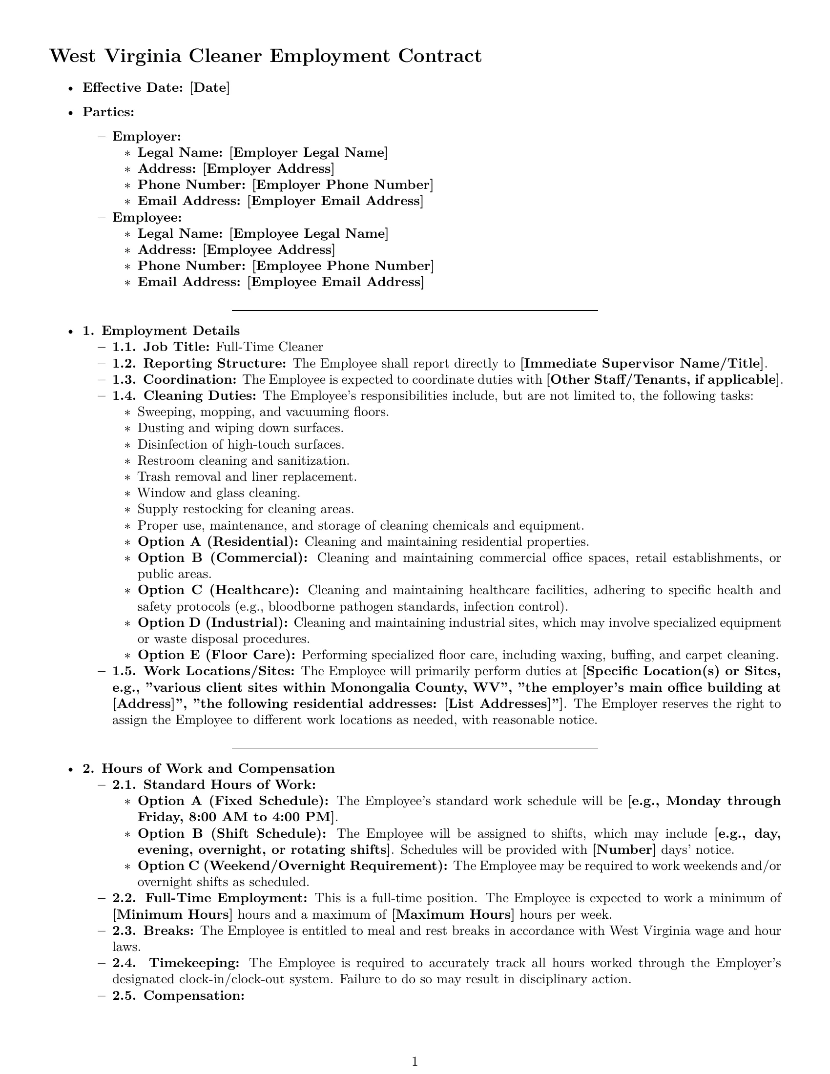 Preview page 1 of Pro West Virginia cleaner employment contract template