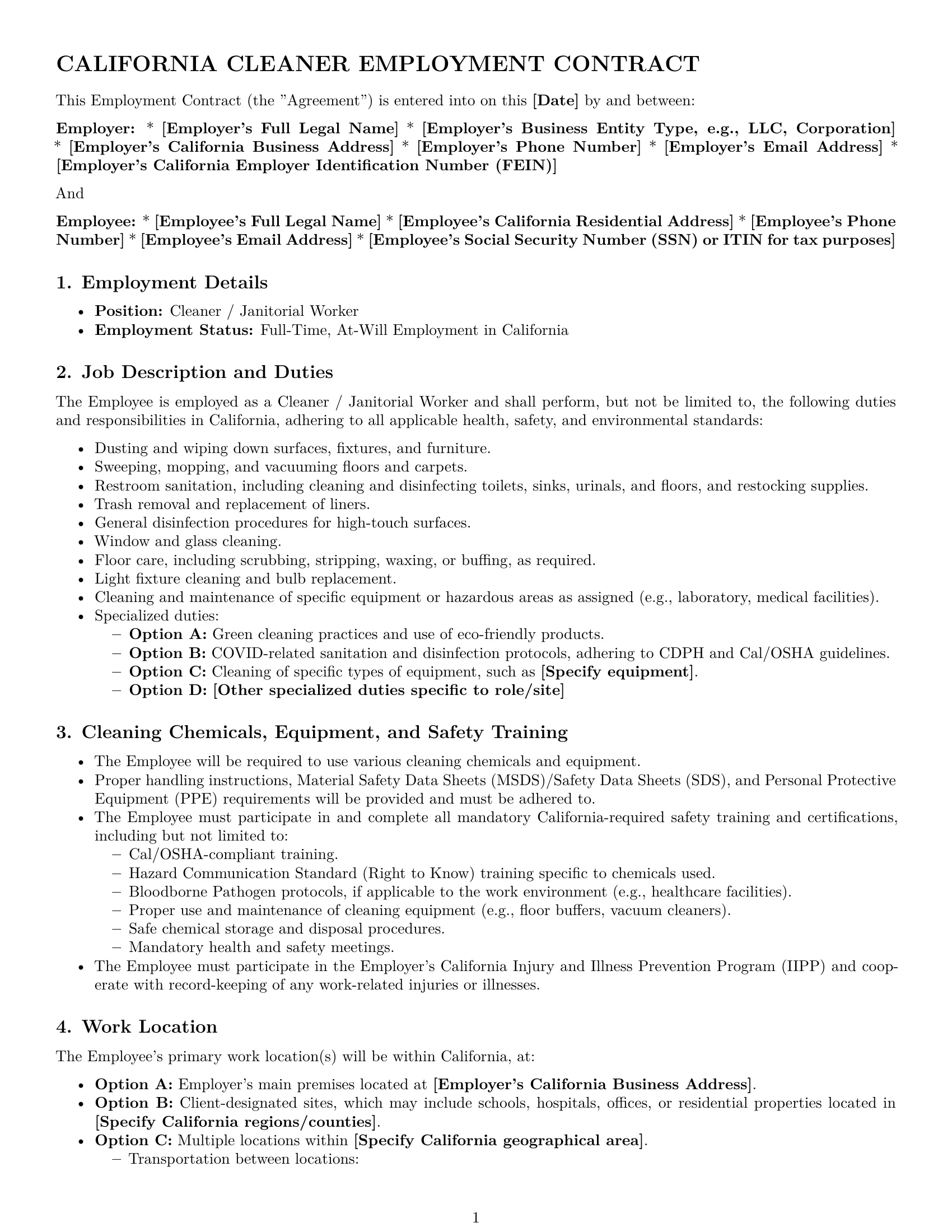 Preview page 1 of Pro California cleaner employment contract template