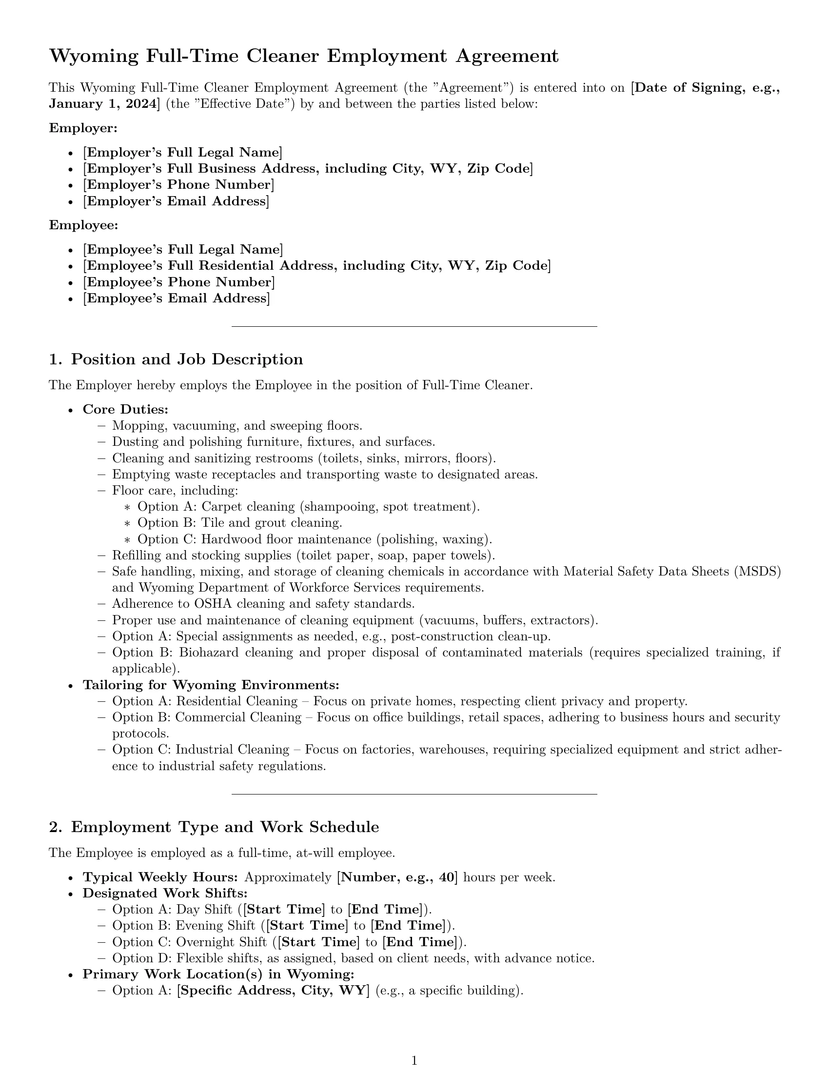 Preview page 1 of Pro Wyoming cleaner employment contract template