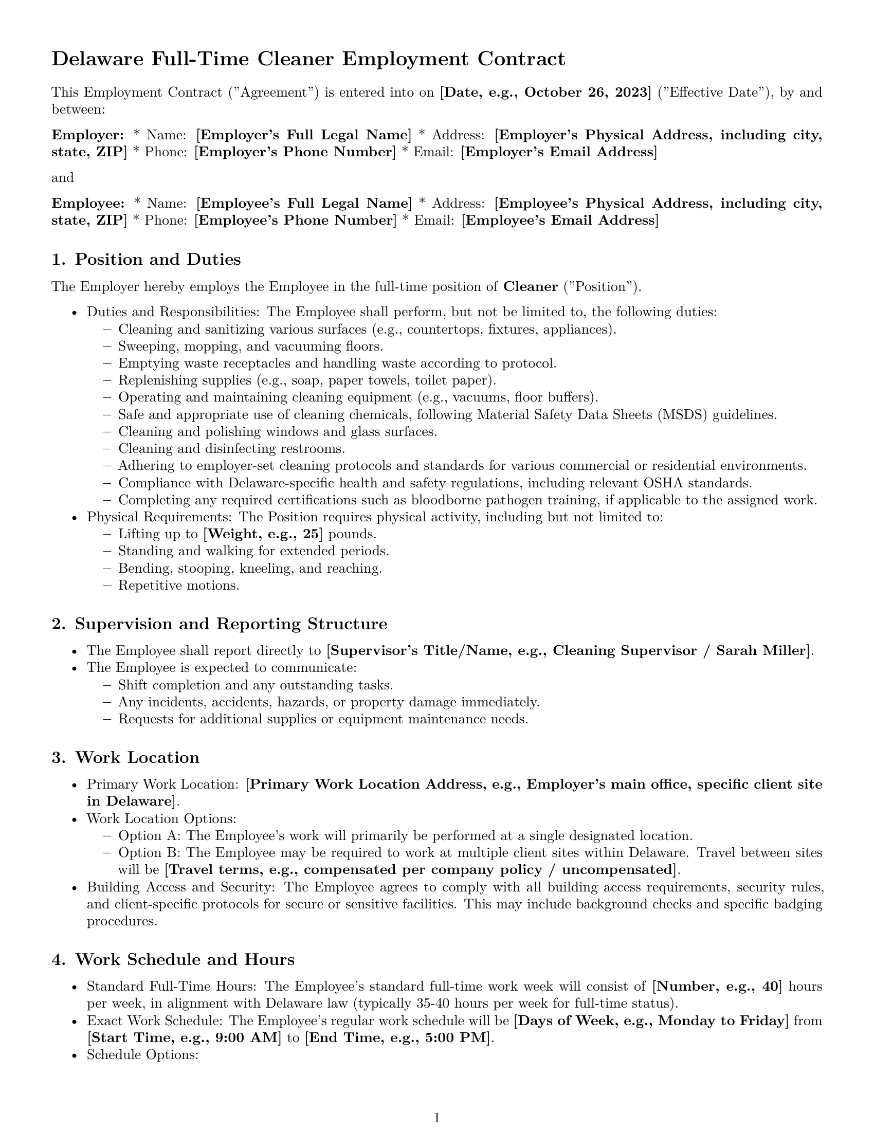 Preview page 1 of Pro Delaware cleaner employment contract template