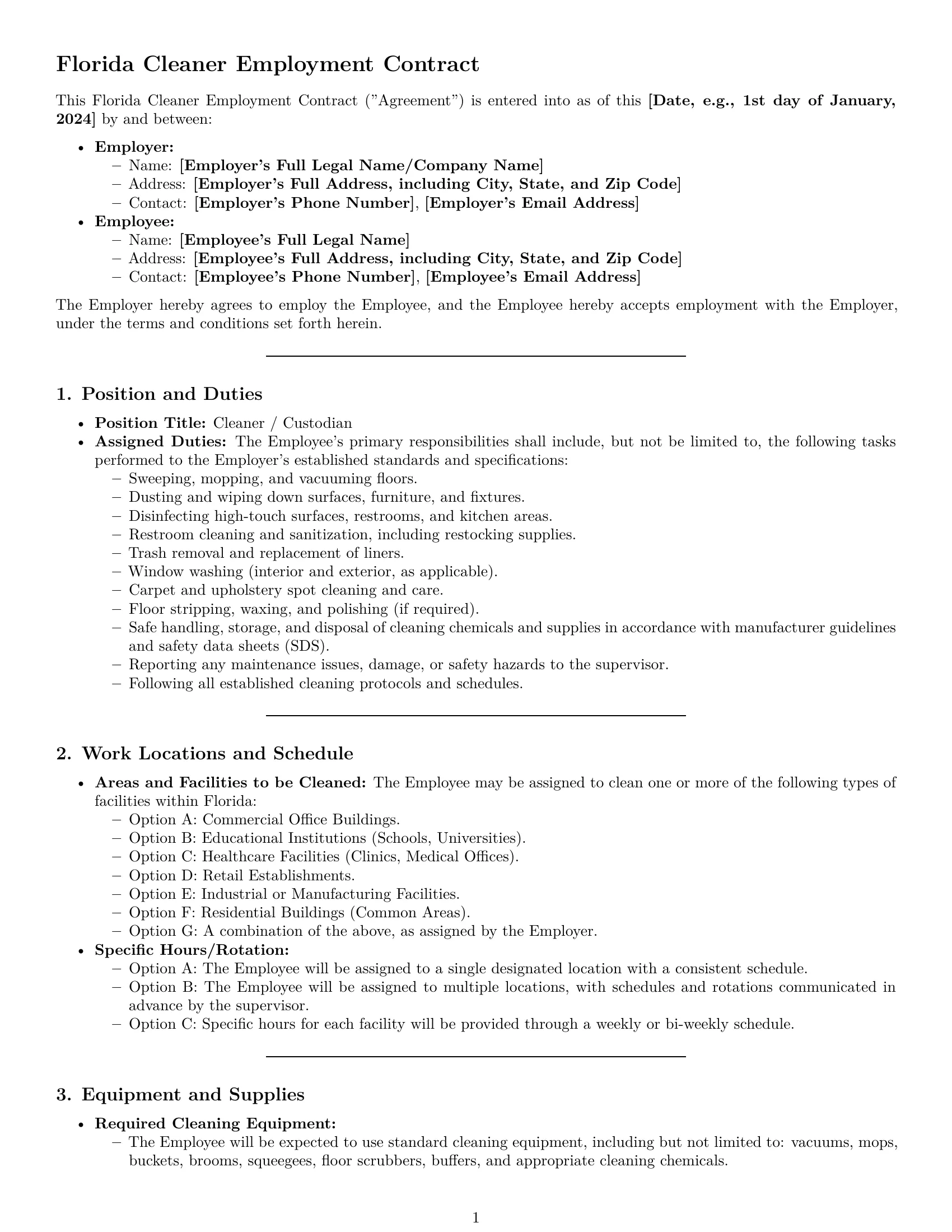 Preview page 1 of Pro Florida cleaner employment contract template