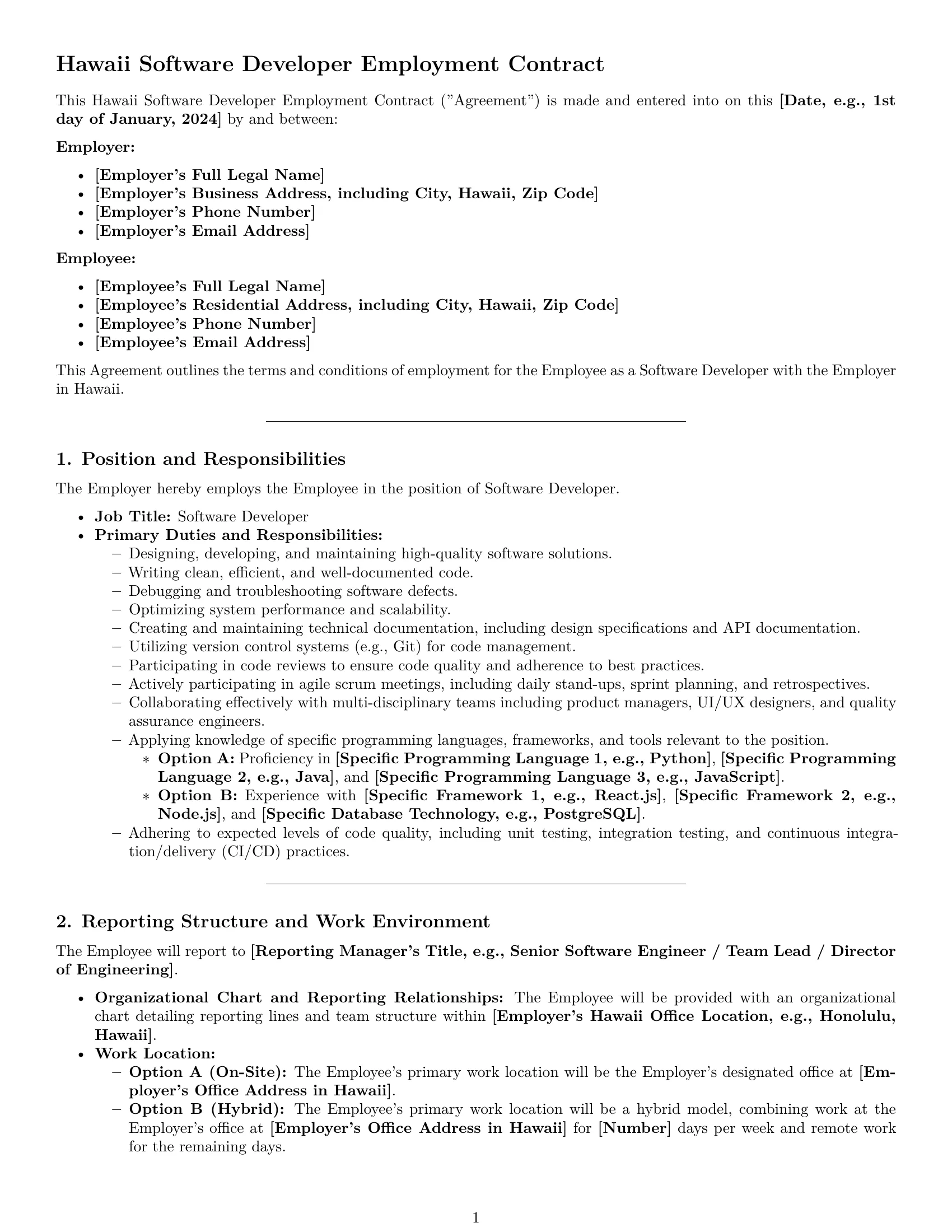 Preview page 1 of Pro Hawaii software developer employment contract template