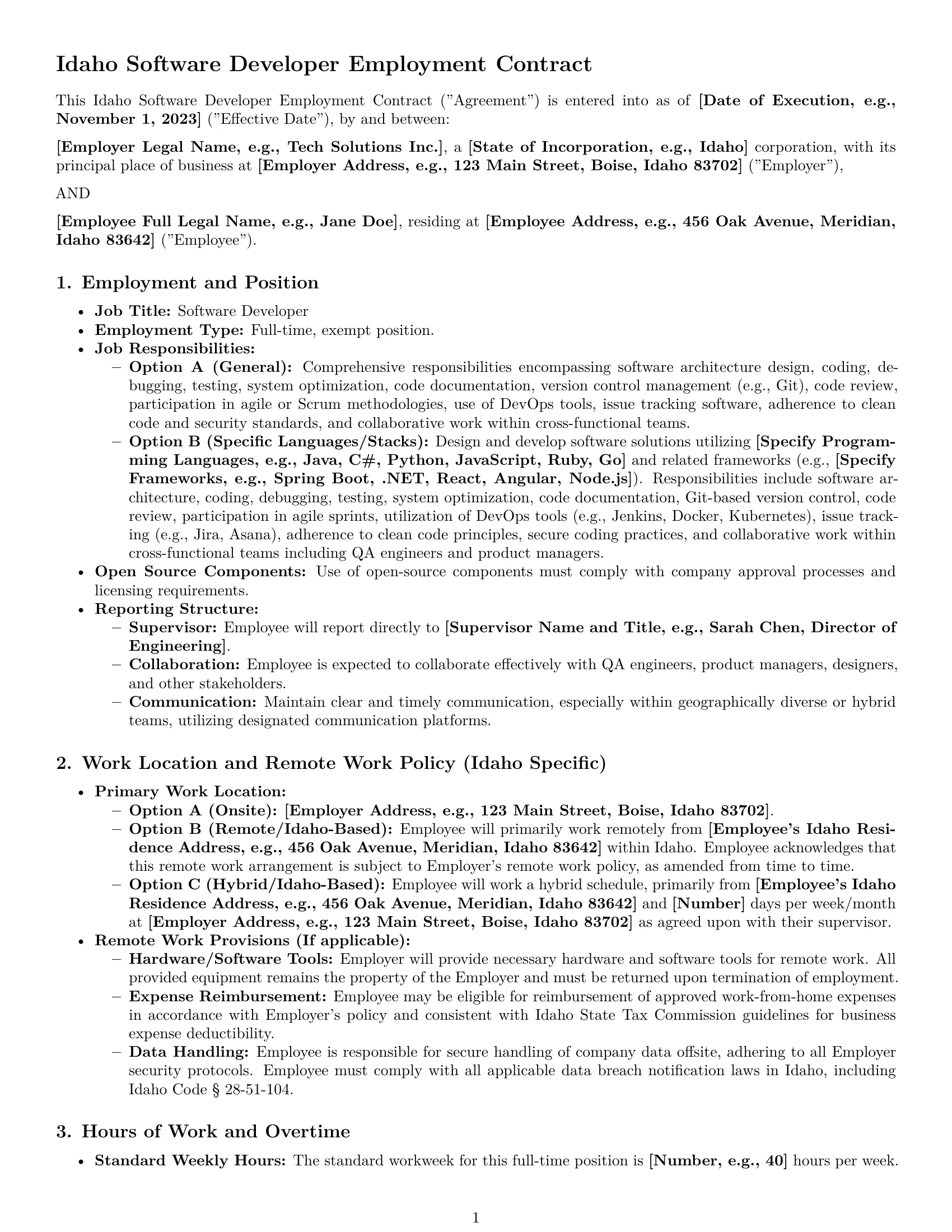 Preview page 1 of Pro Idaho software developer employment contract template
