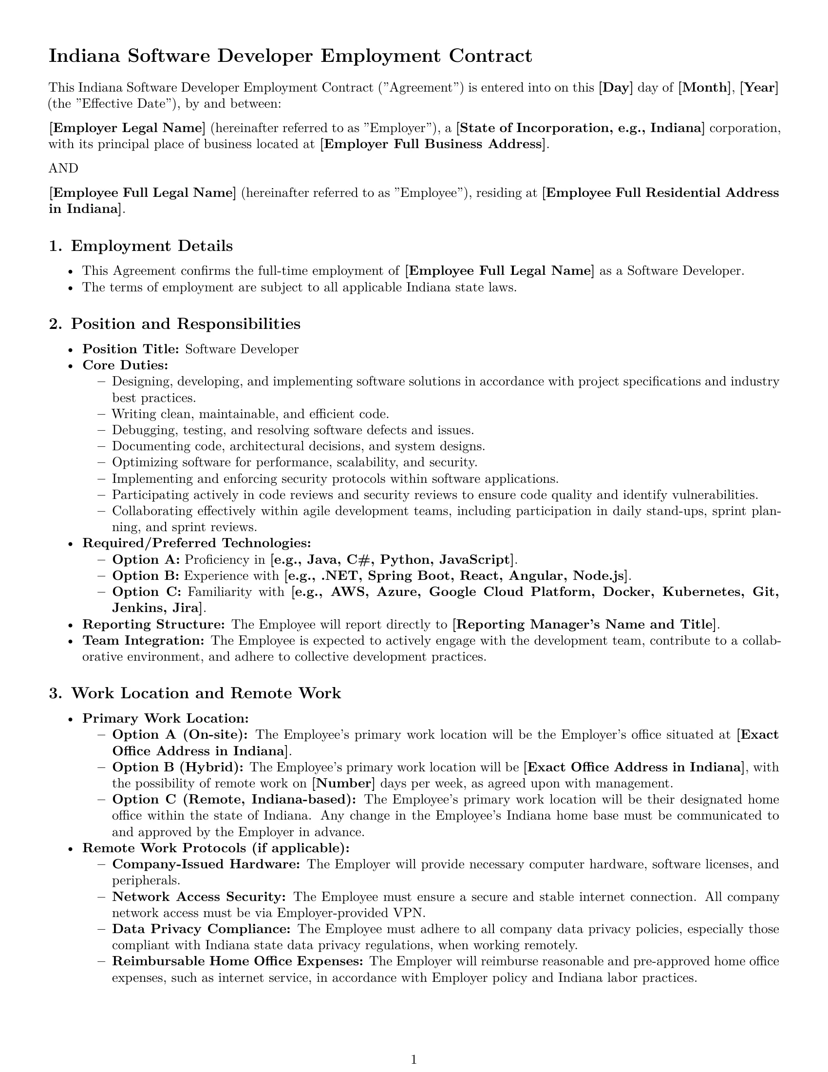 Preview page 1 of Pro Indiana software developer employment contract template