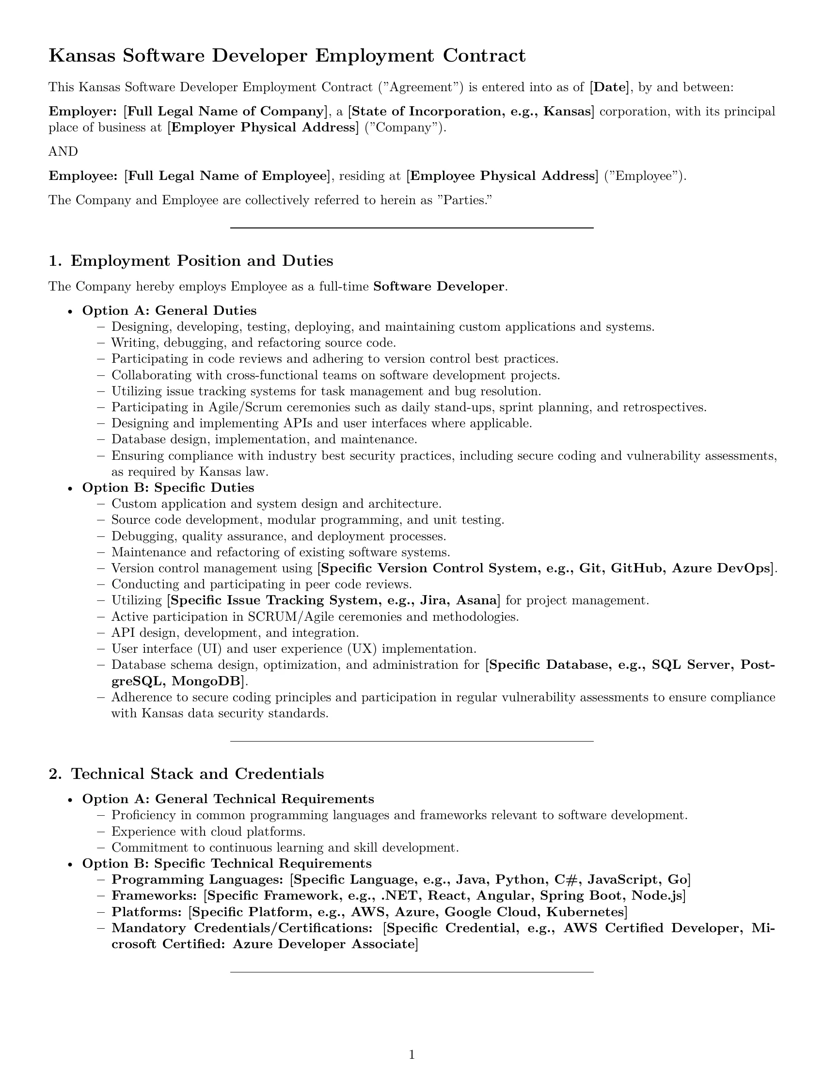 Preview page 1 of Pro Kansas software developer employment contract template