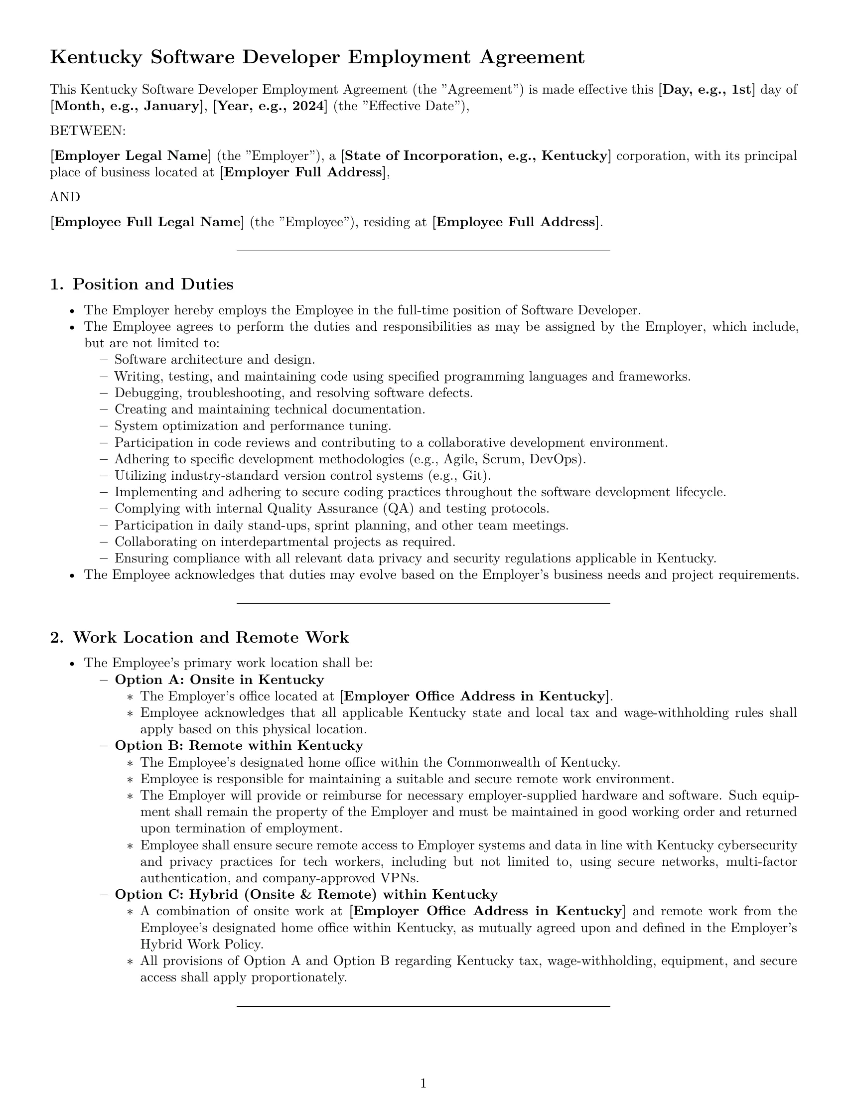 Preview page 1 of Pro Kentucky software developer employment contract template