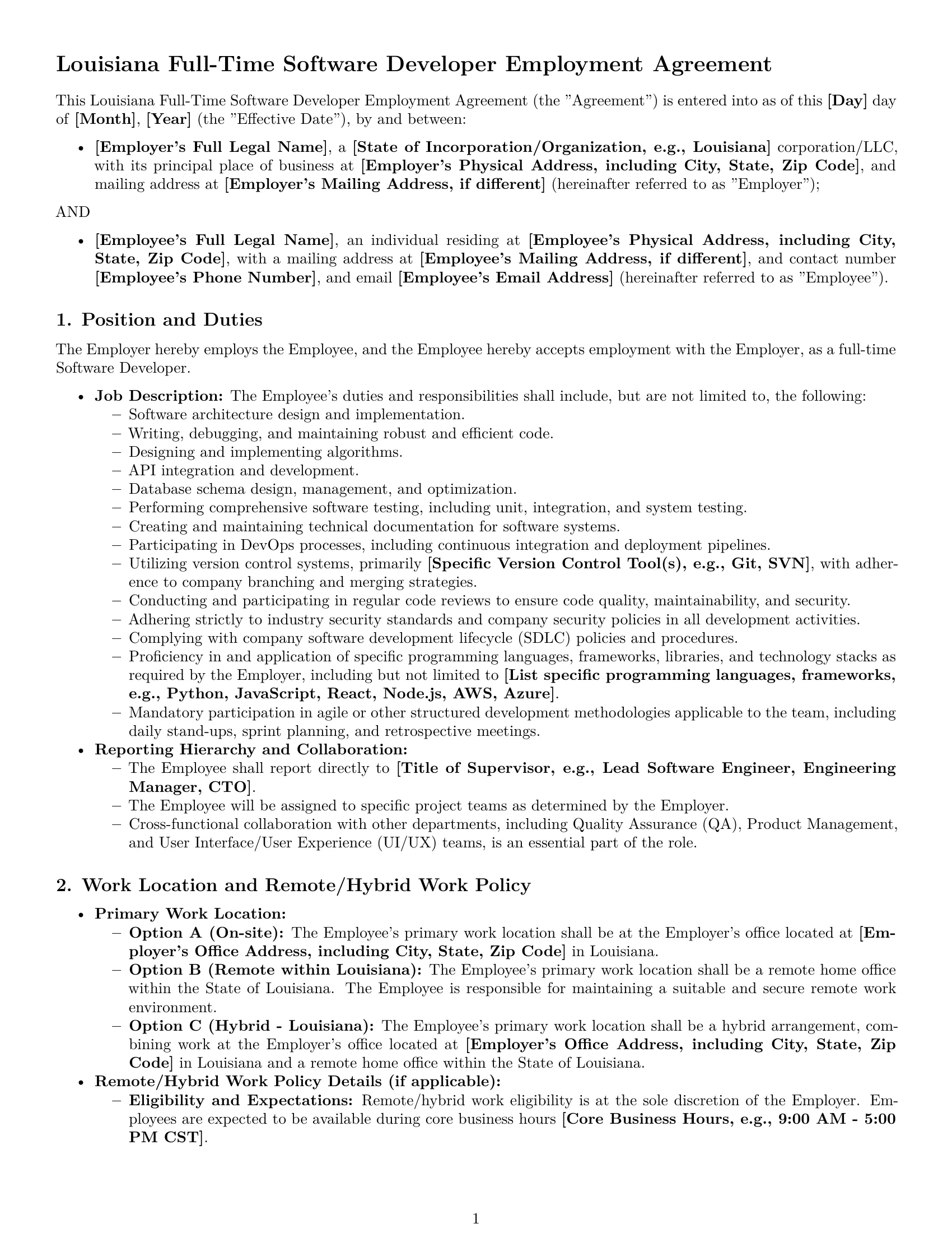 Preview page 1 of Pro Louisiana software developer employment contract template