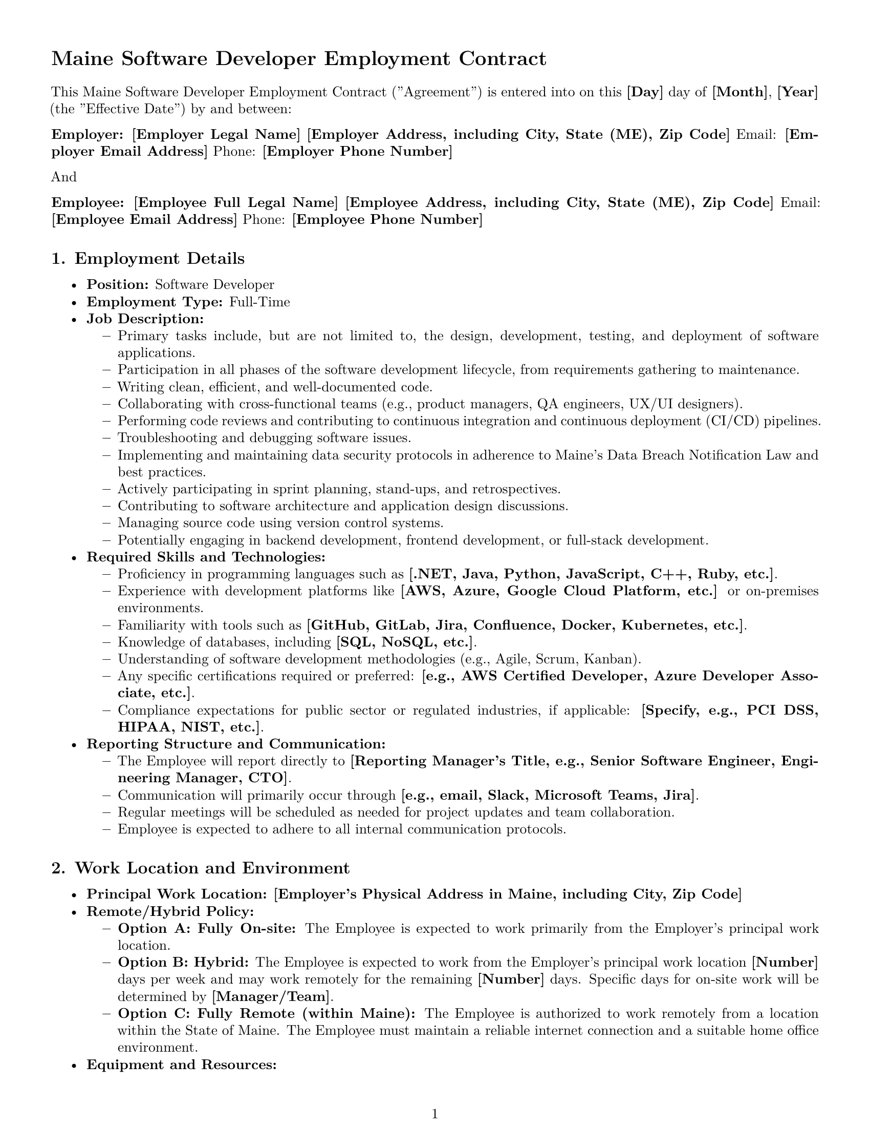 Preview page 1 of Pro Maine software developer employment contract template