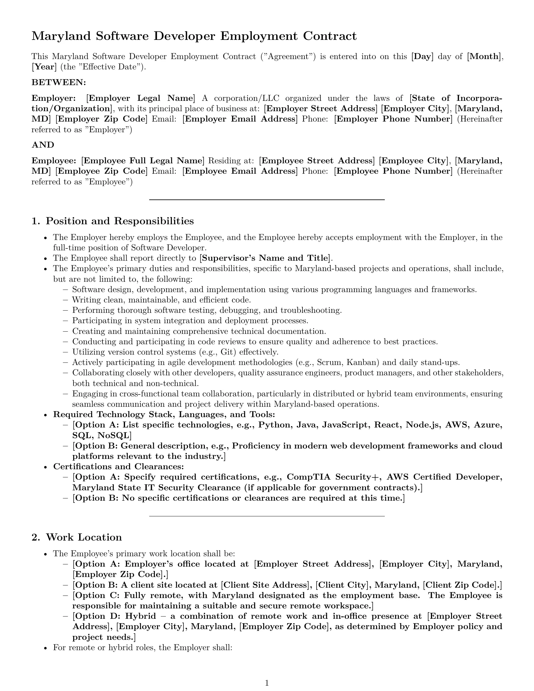 Preview page 1 of Pro Maryland software developer employment contract template