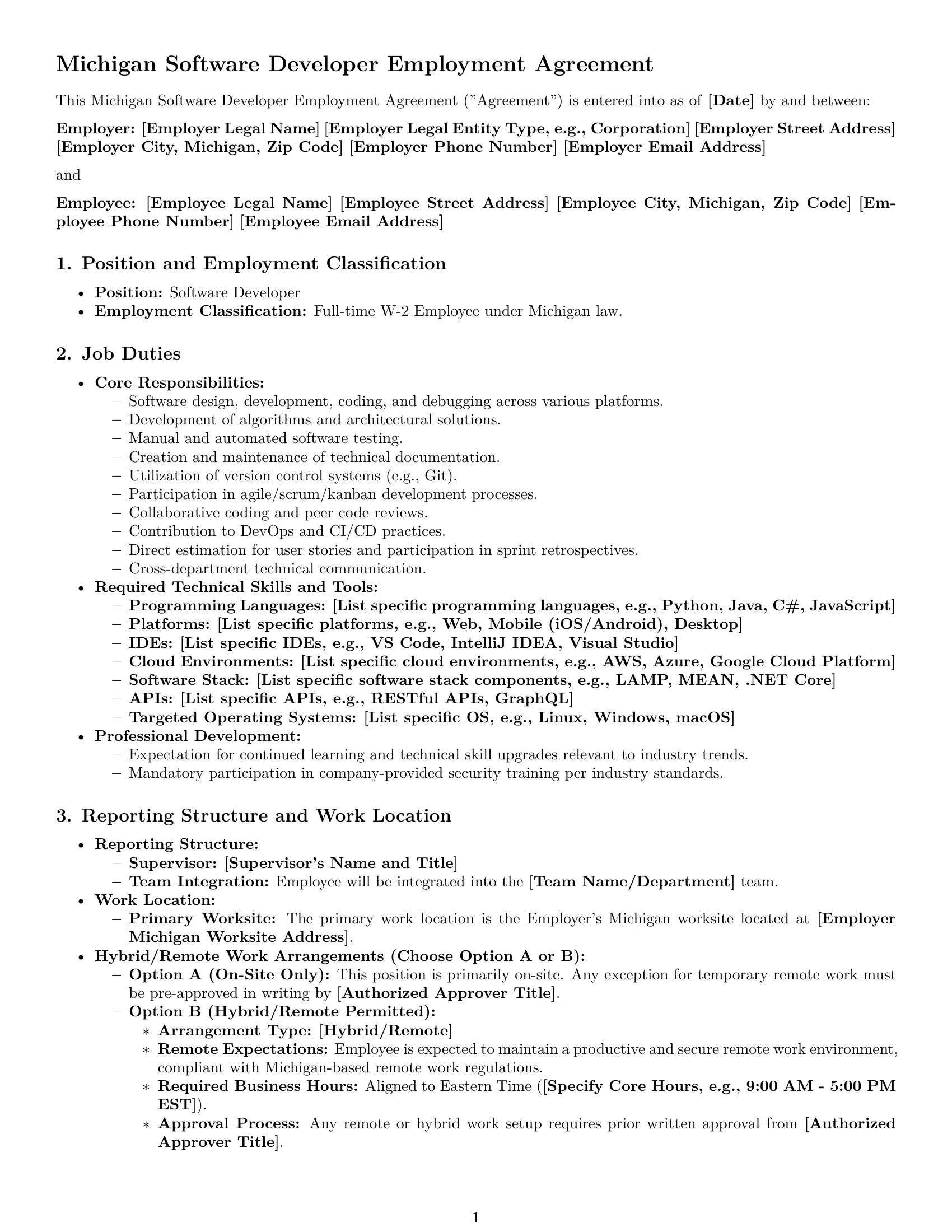 Preview page 1 of Pro Michigan software developer employment contract template