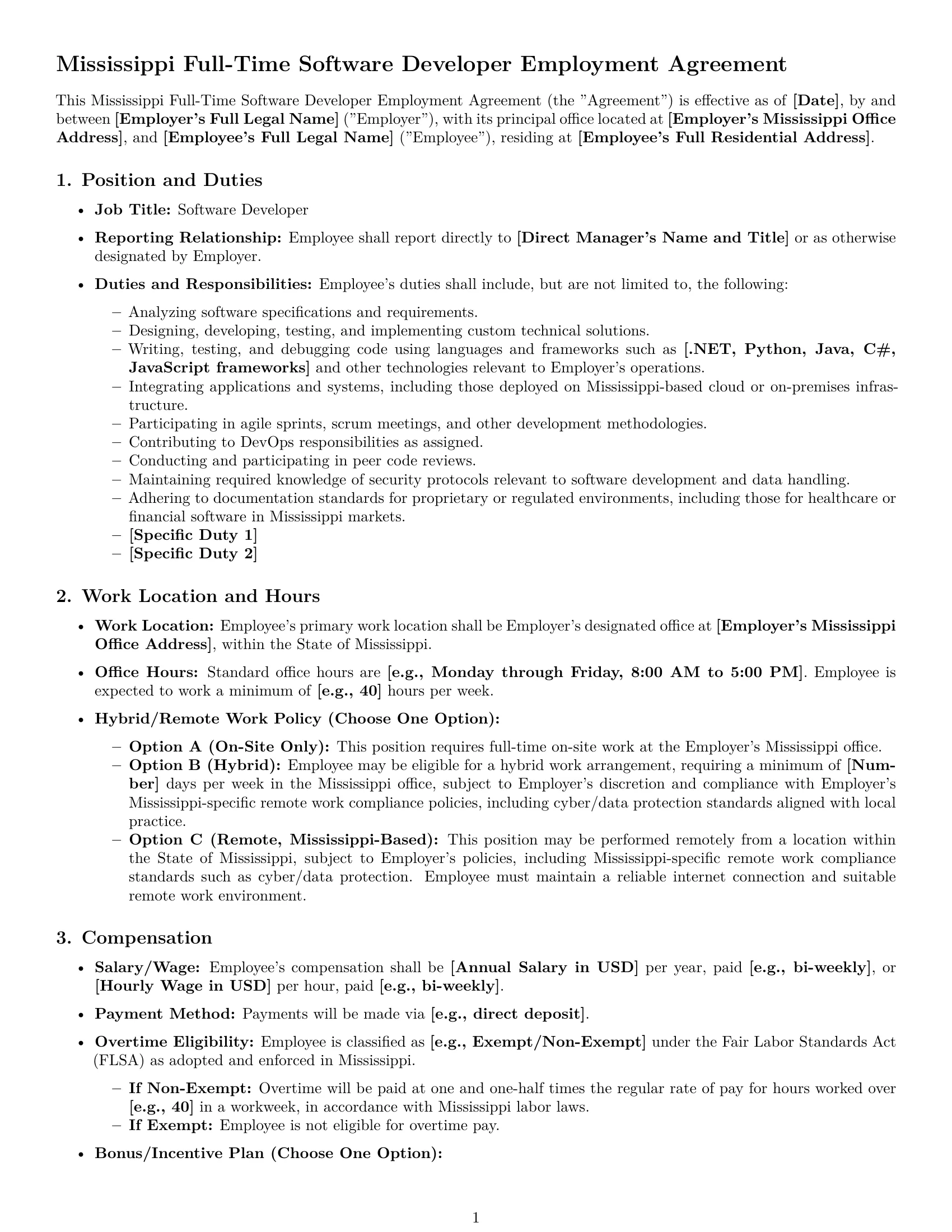 Preview page 1 of Pro Mississippi software developer employment contract template