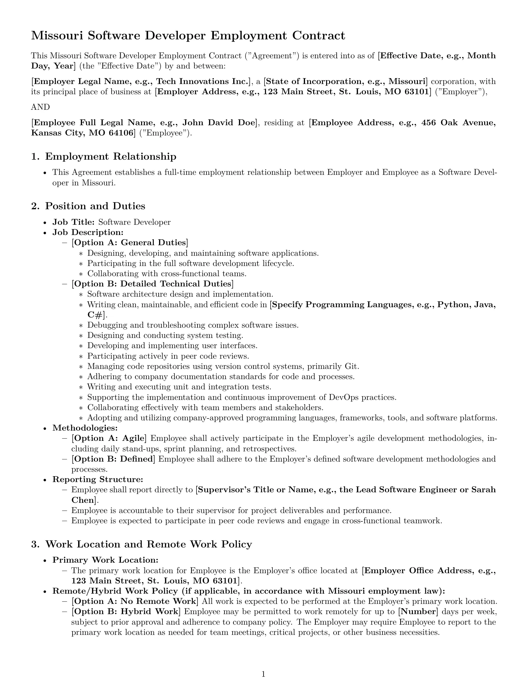 Preview page 1 of Pro Missouri software developer employment contract template