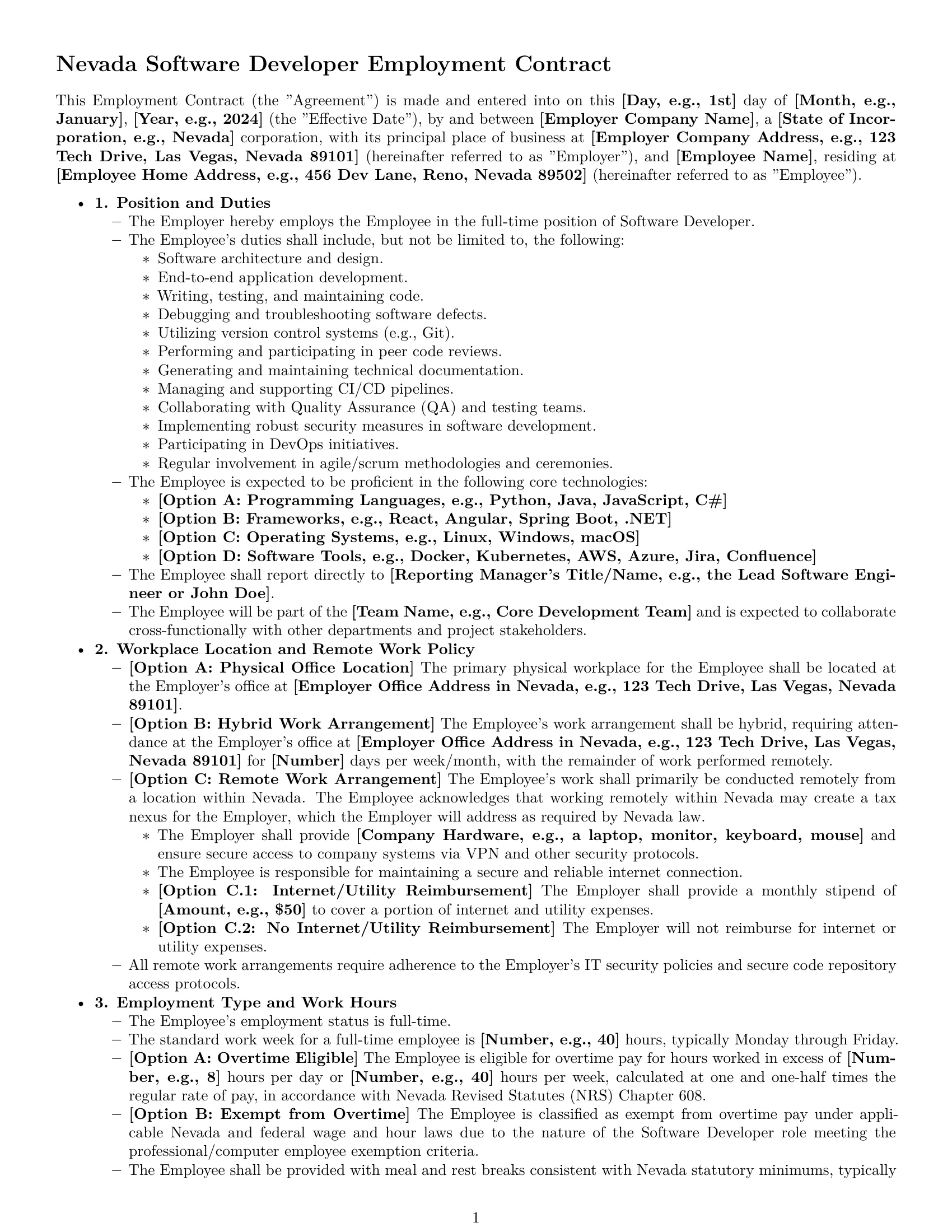 Preview page 1 of Pro Nevada software developer employment contract template