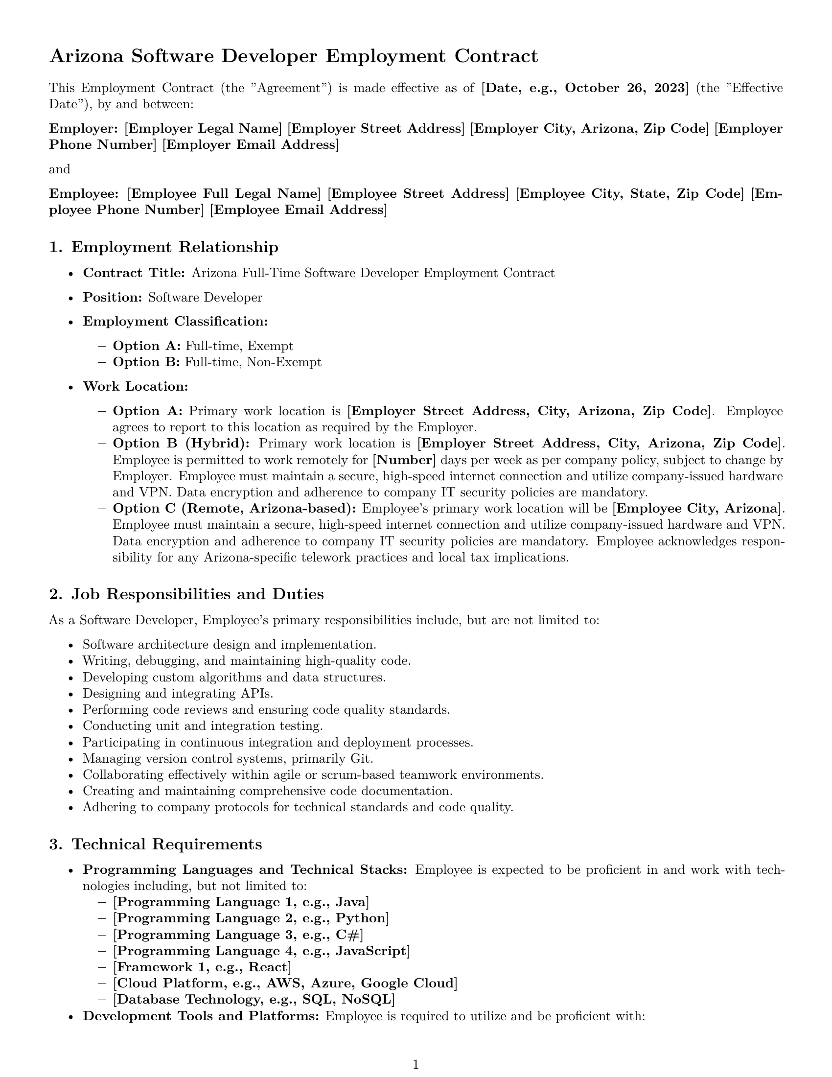 Preview page 1 of Pro Arizona software developer employment contract template
