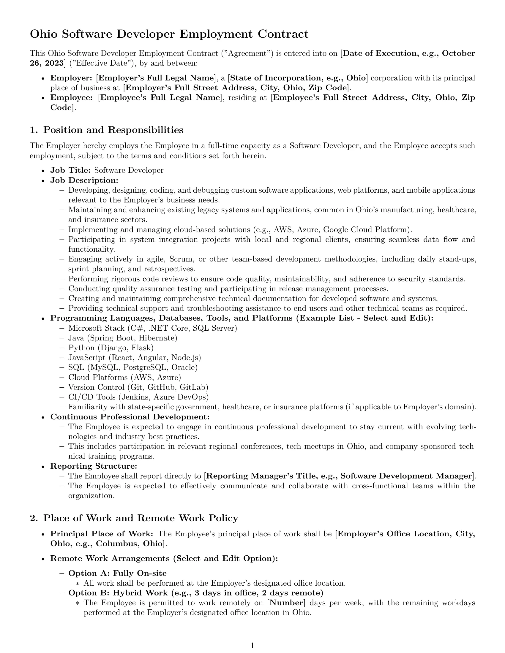 Preview page 1 of Pro Ohio software developer employment contract template