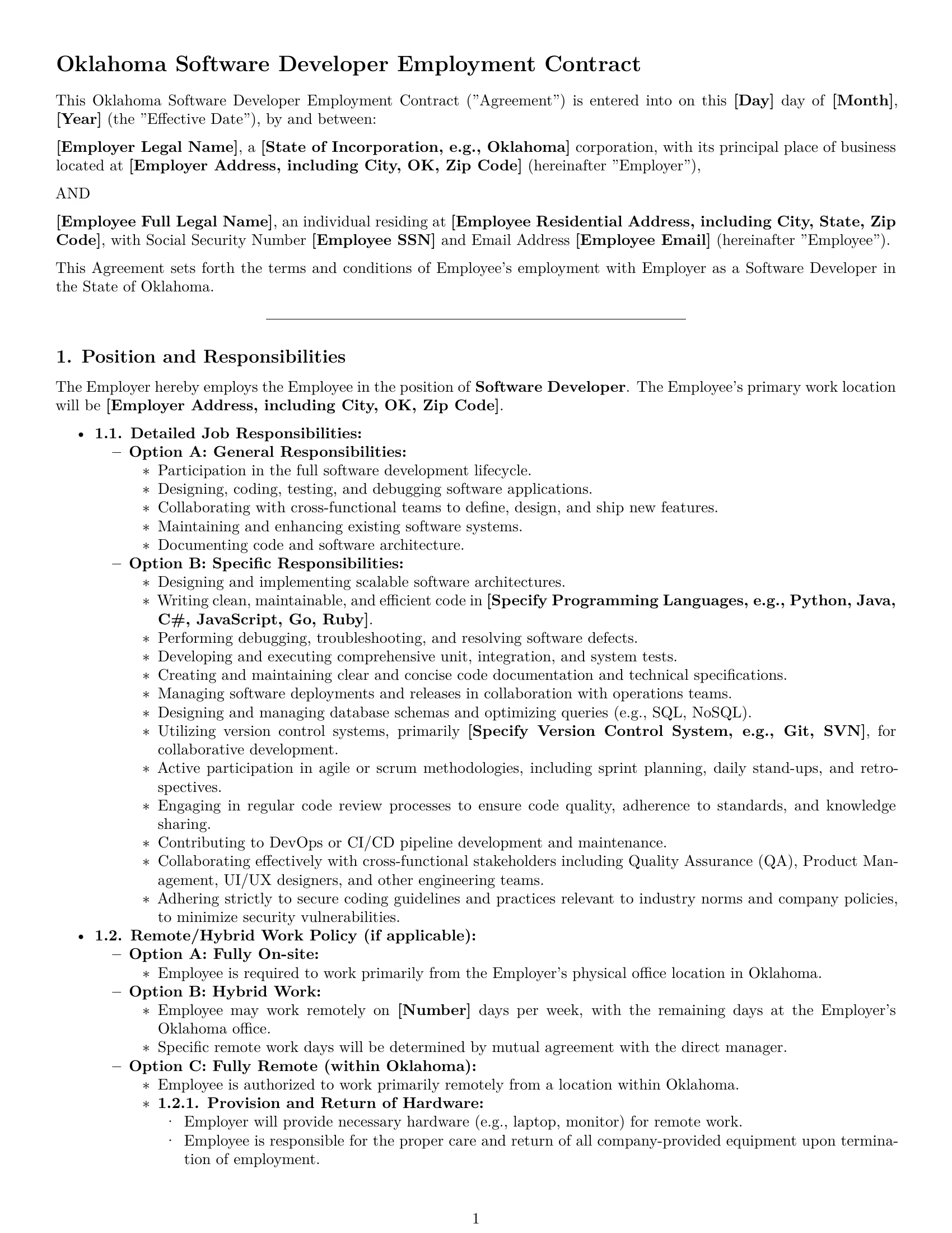 Preview page 1 of Pro Oklahoma software developer employment contract template